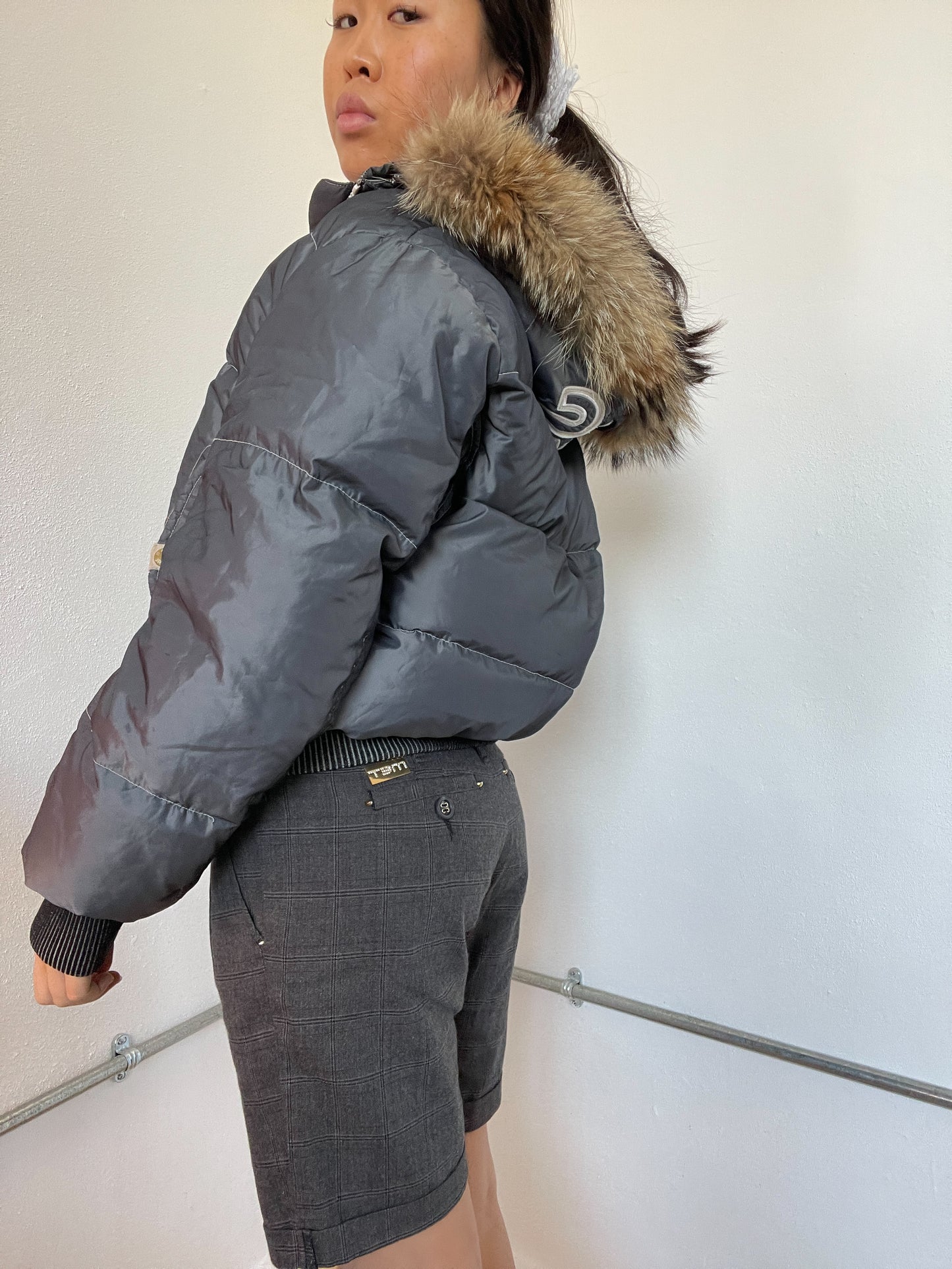 Grey Shiny Hooded Puffer Jacket