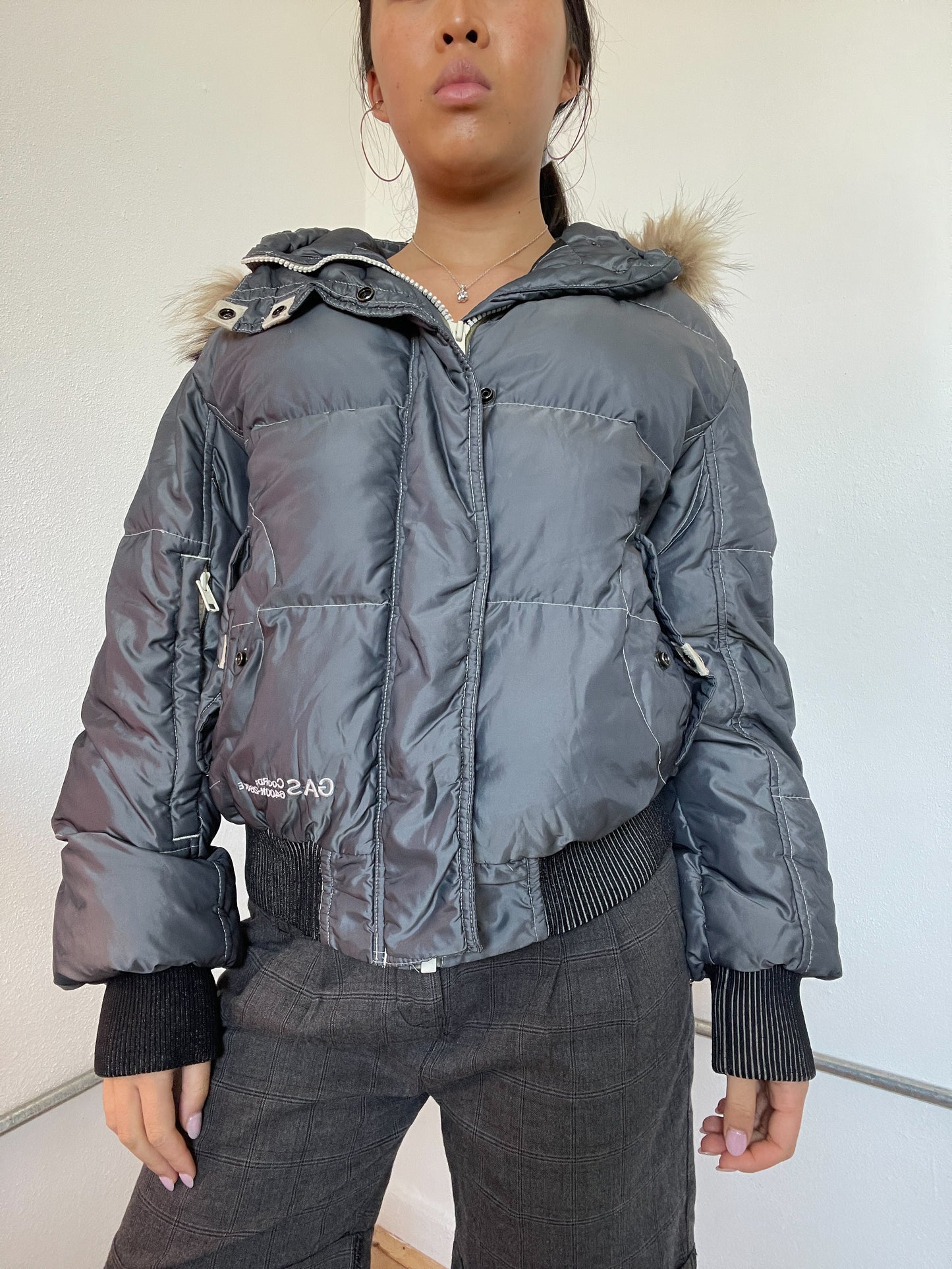 Grey Shiny Hooded Puffer Jacket