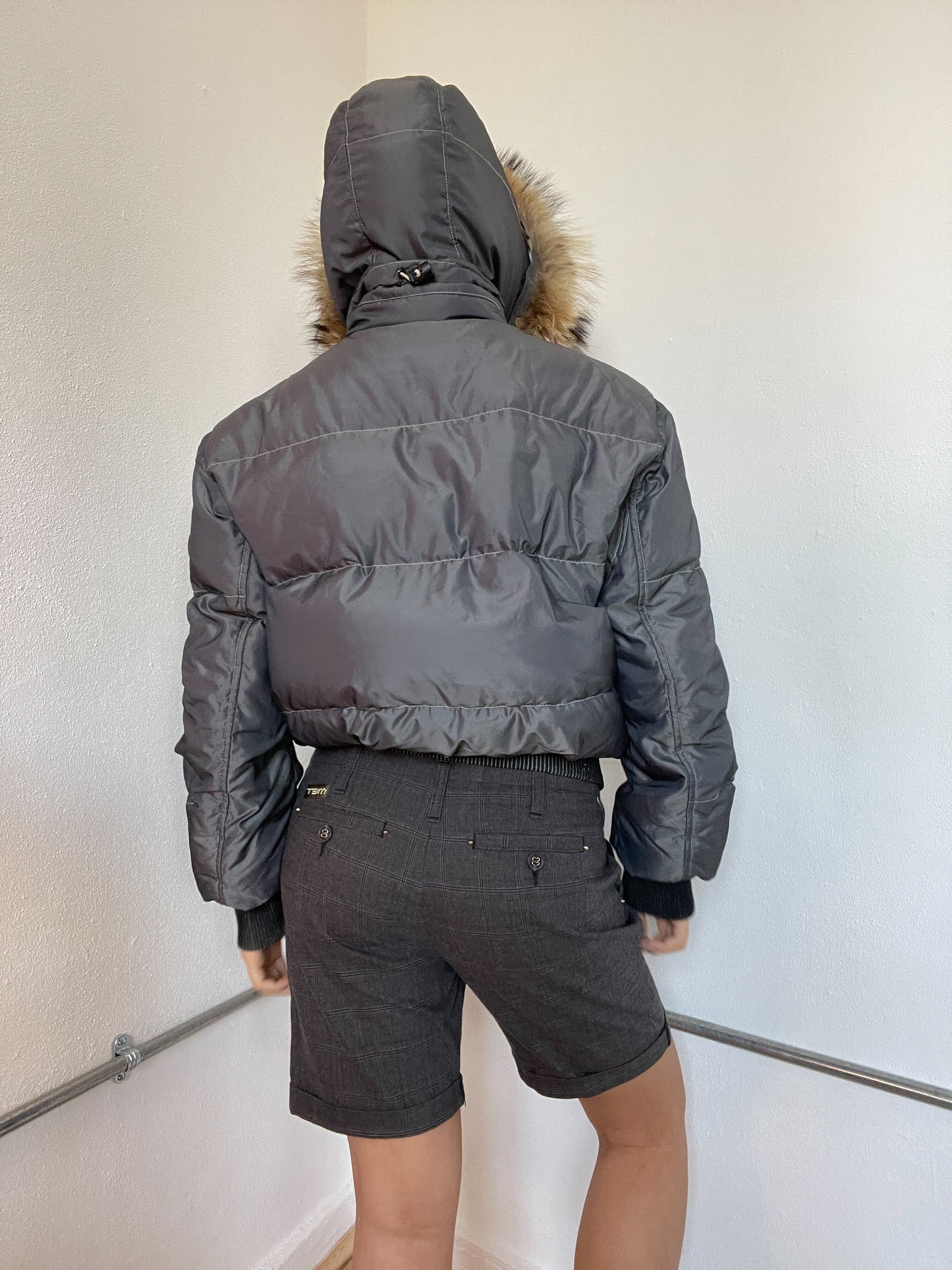 Grey Shiny Hooded Puffer Jacket