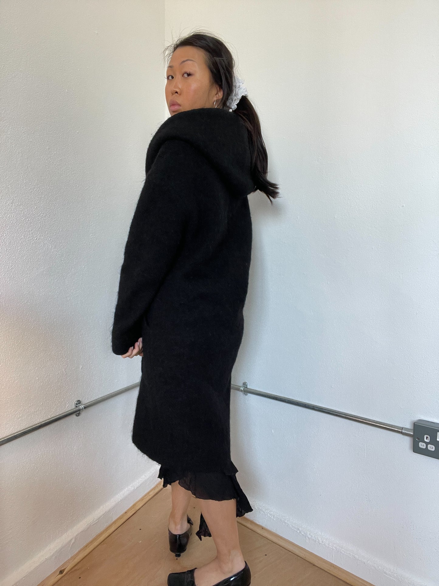 Black Hooded Wool Long Cop Copine Coat