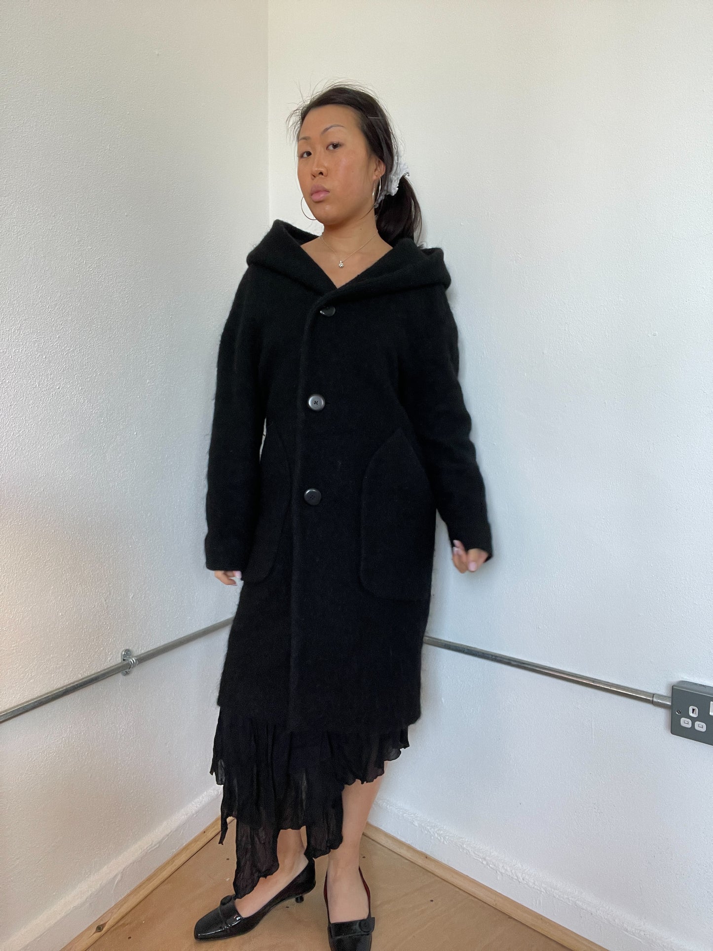 Black Hooded Wool Long Cop Copine Coat
