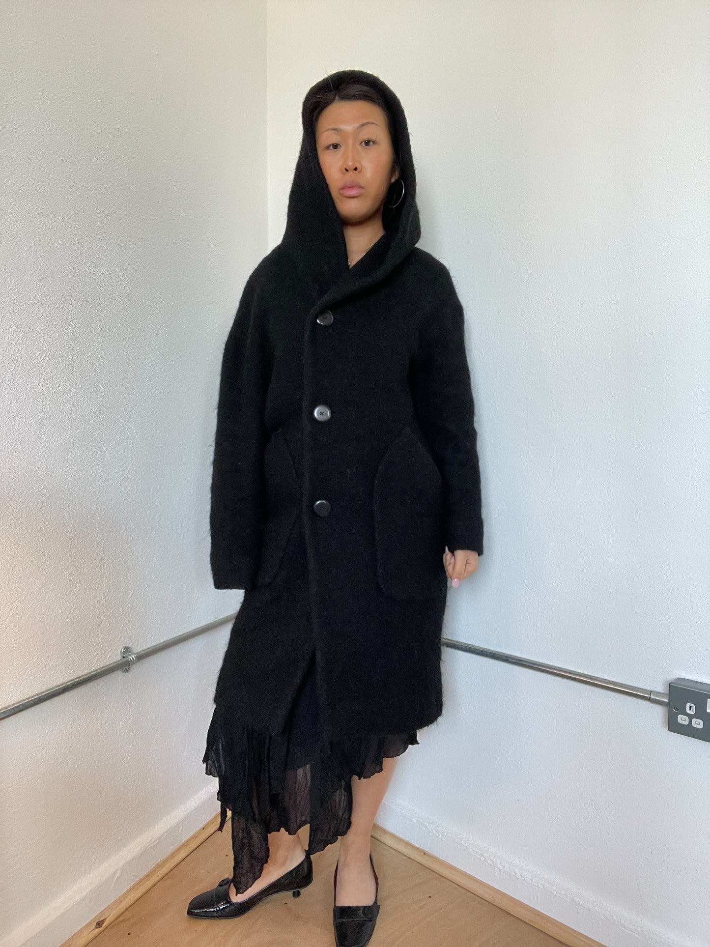 Black Hooded Wool Long Cop Copine Coat