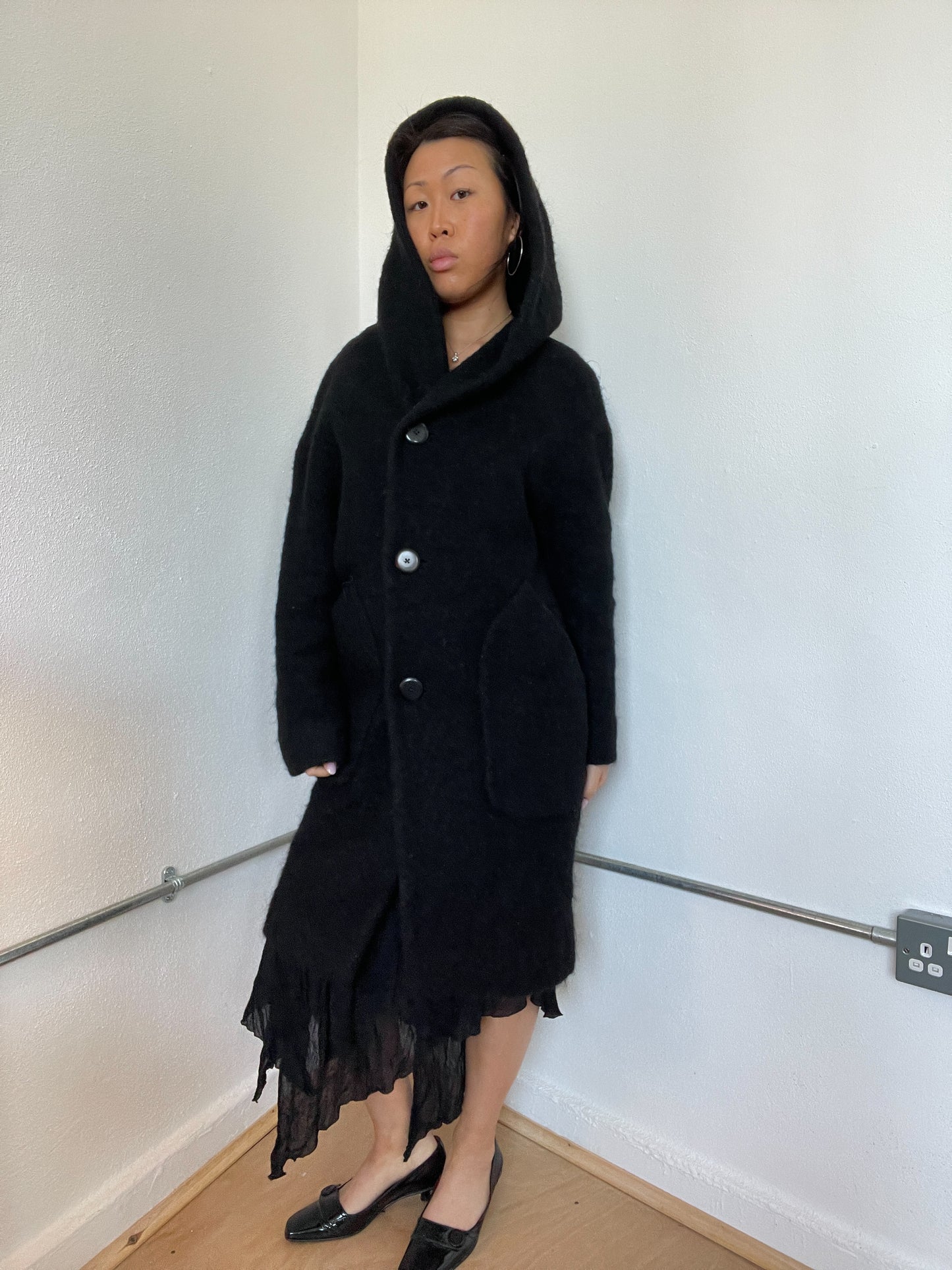Black Hooded Wool Long Cop Copine Coat