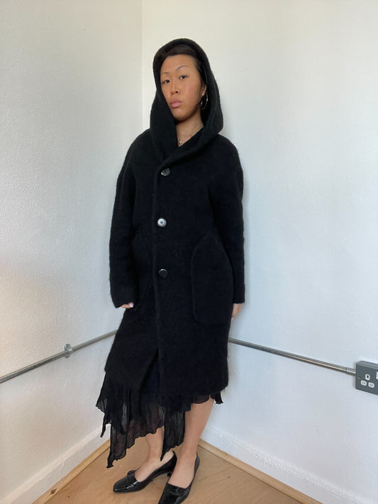 Black Hooded Wool Long Cop Copine Coat