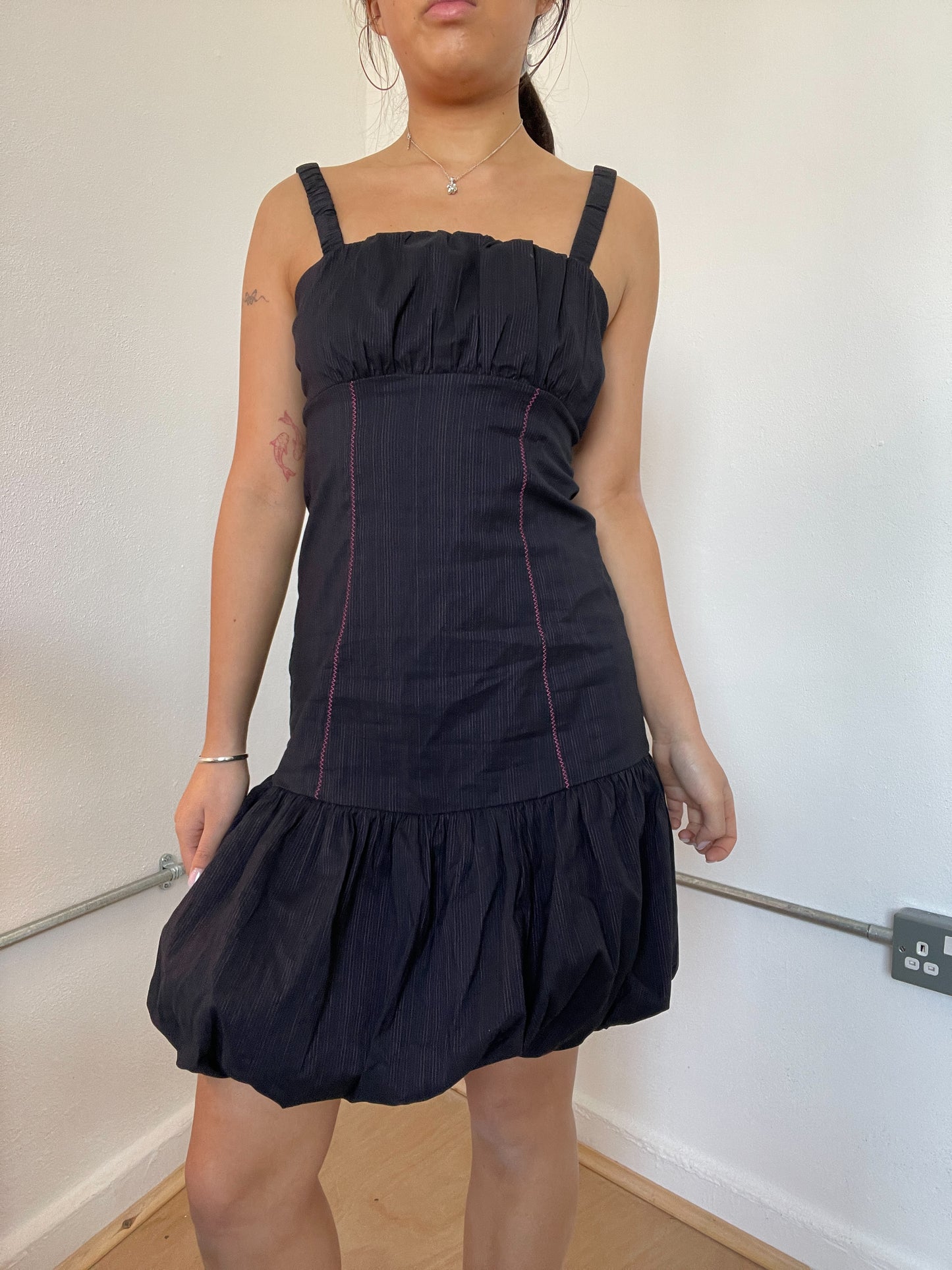 Black Pinstripe Bubble Midi Dress