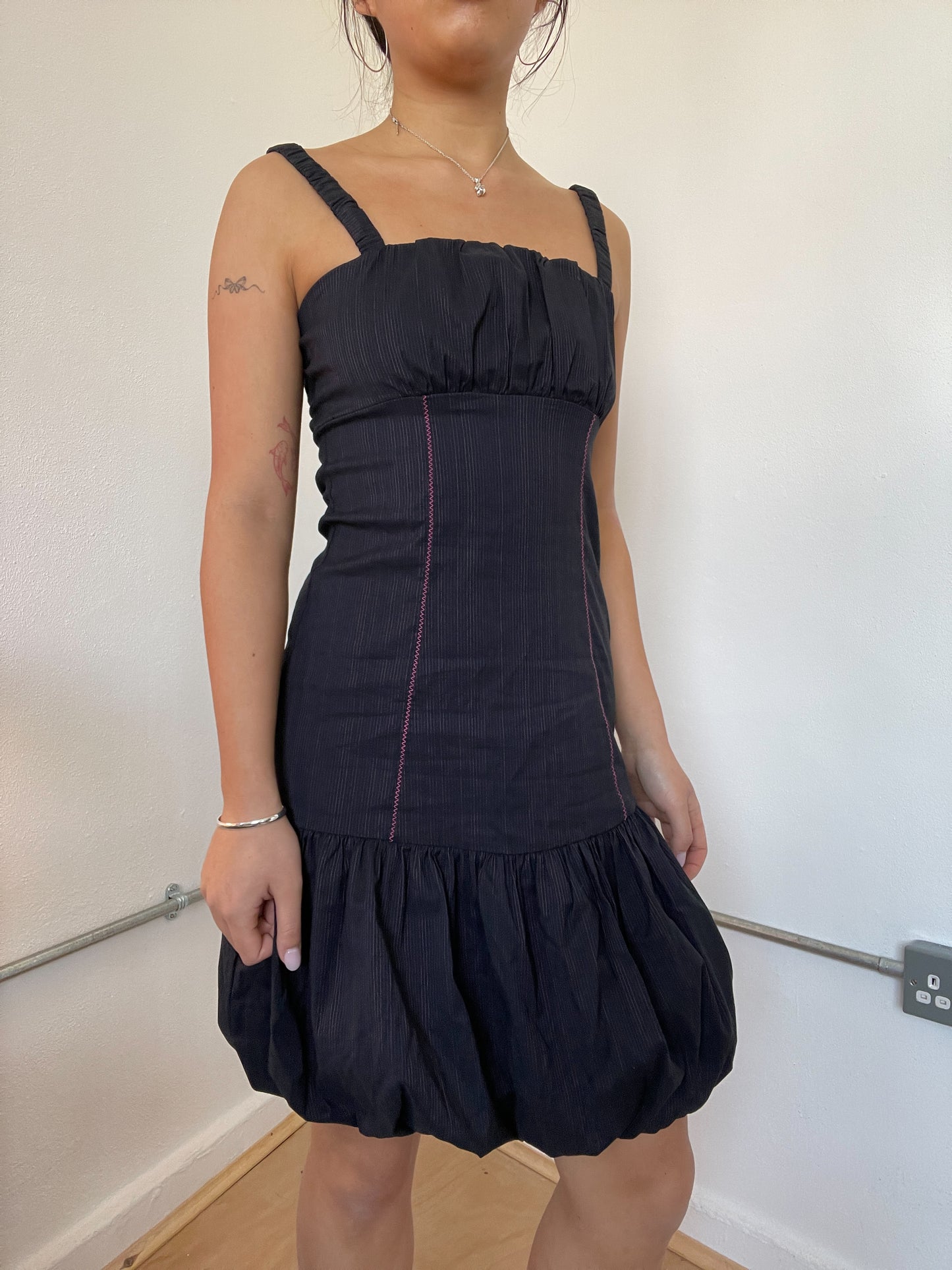 Black Pinstripe Bubble Midi Dress
