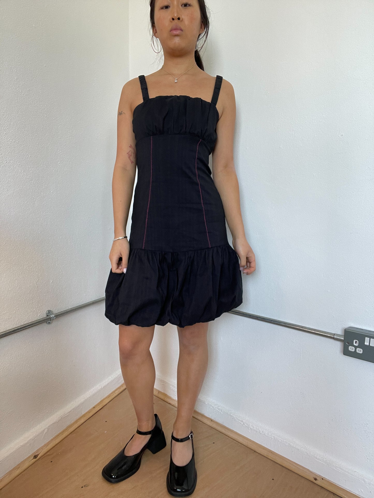 Black Pinstripe Bubble Midi Dress