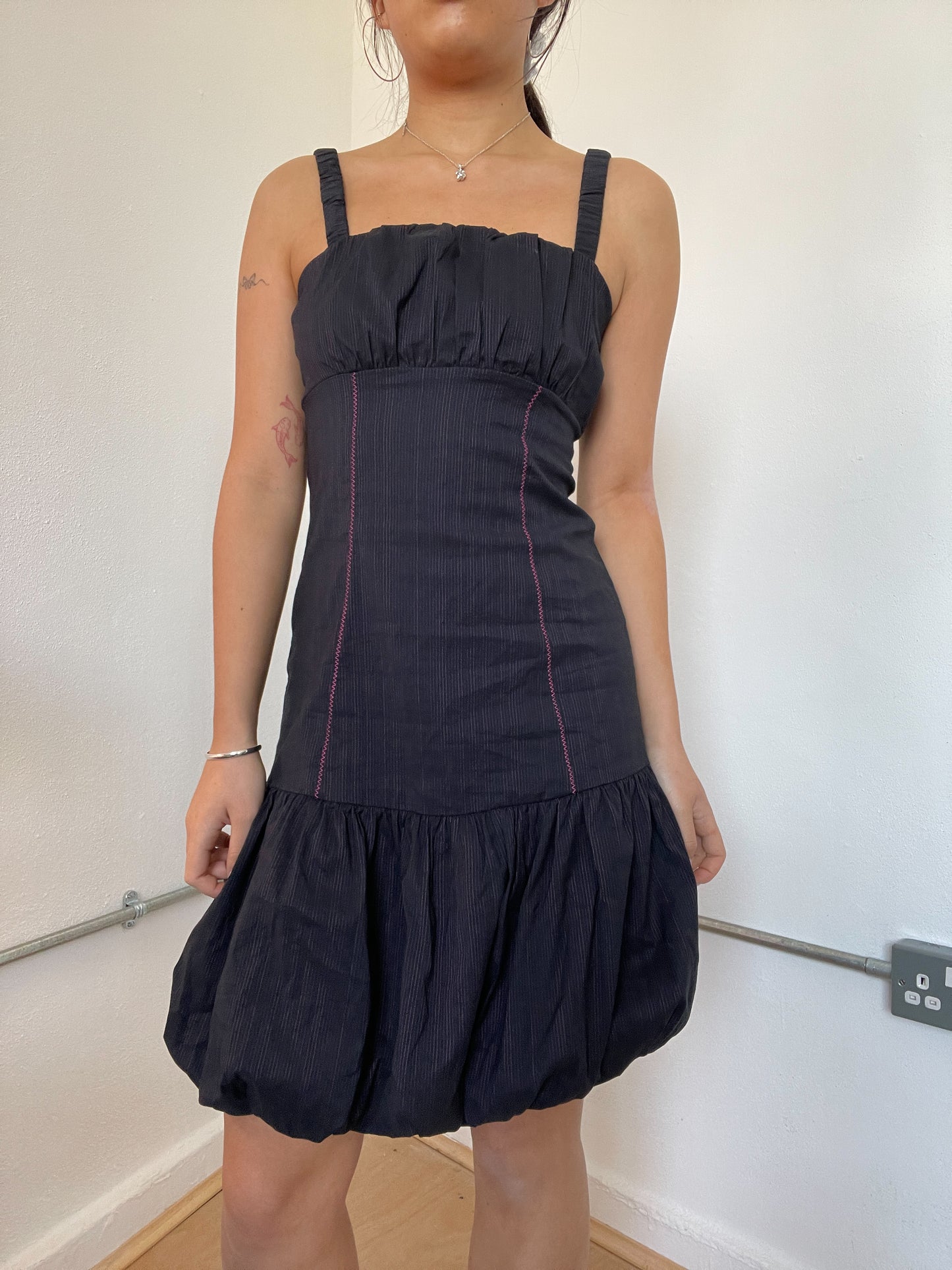 Black Pinstripe Bubble Midi Dress