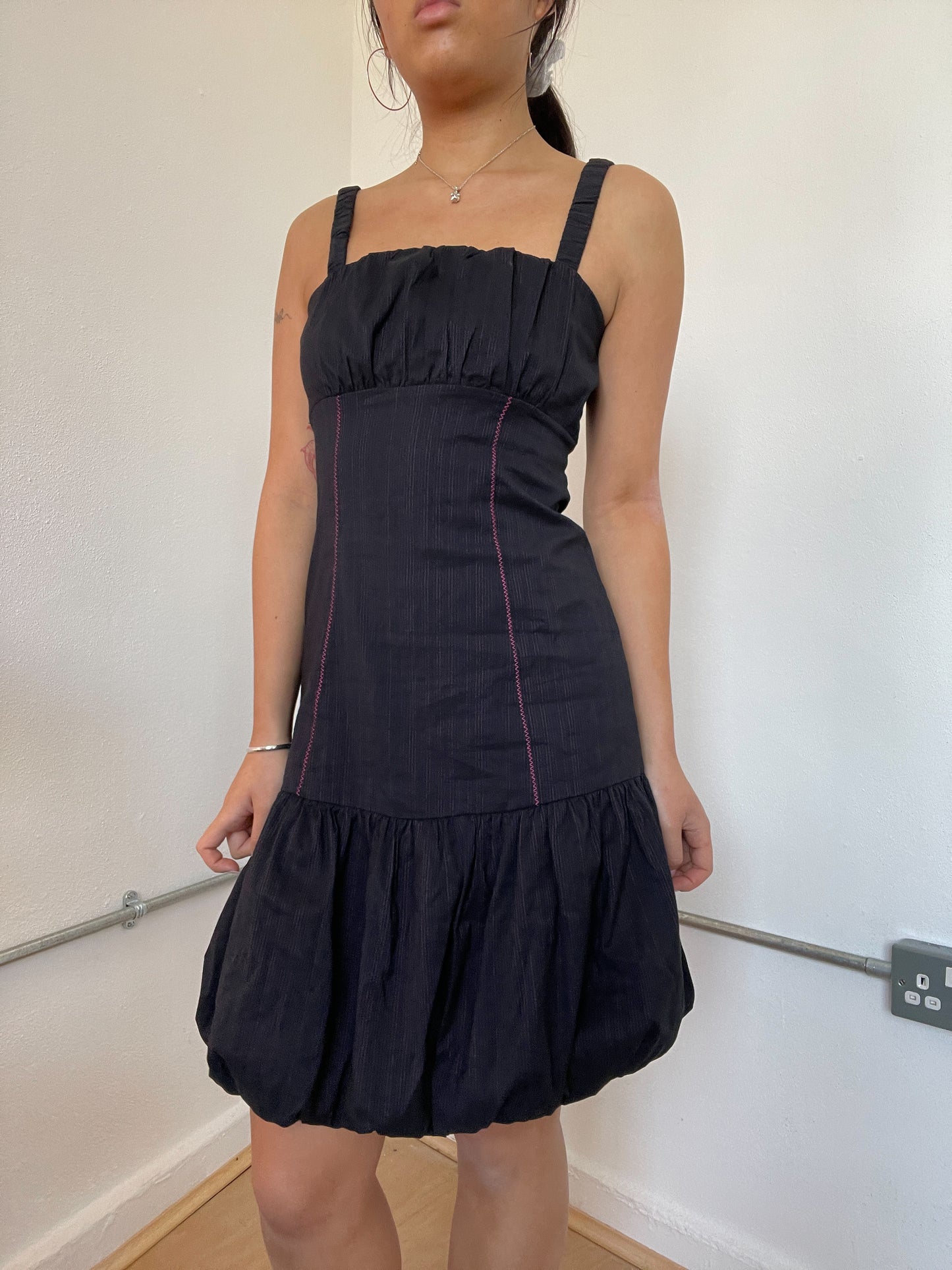 Black Pinstripe Bubble Midi Dress