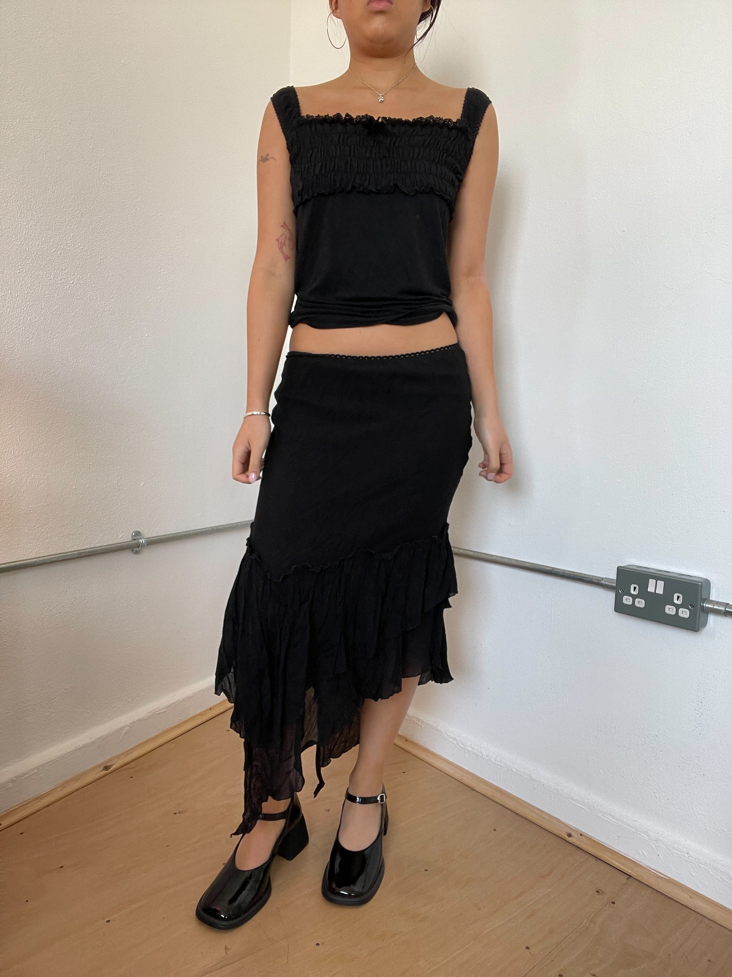 Black Asymmetric Layered Midi Skirt