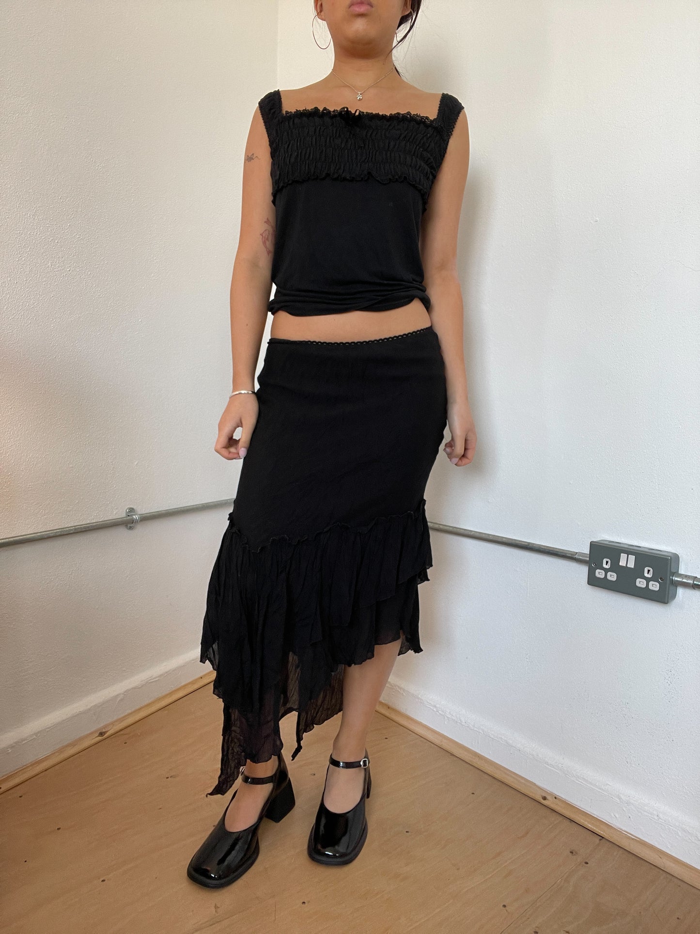 Black Asymmetric Layered Midi Skirt