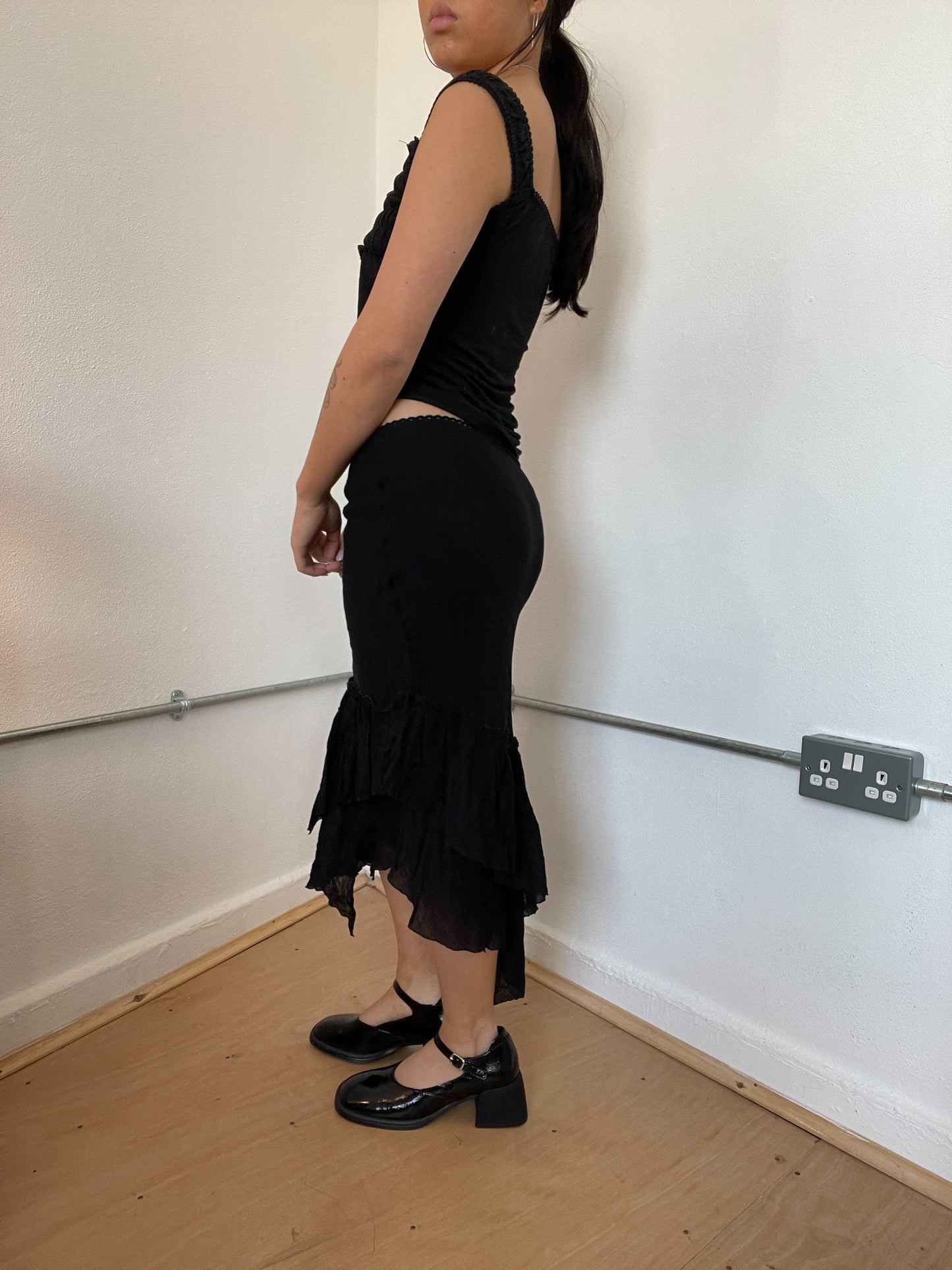 Black Asymmetric Layered Midi Skirt