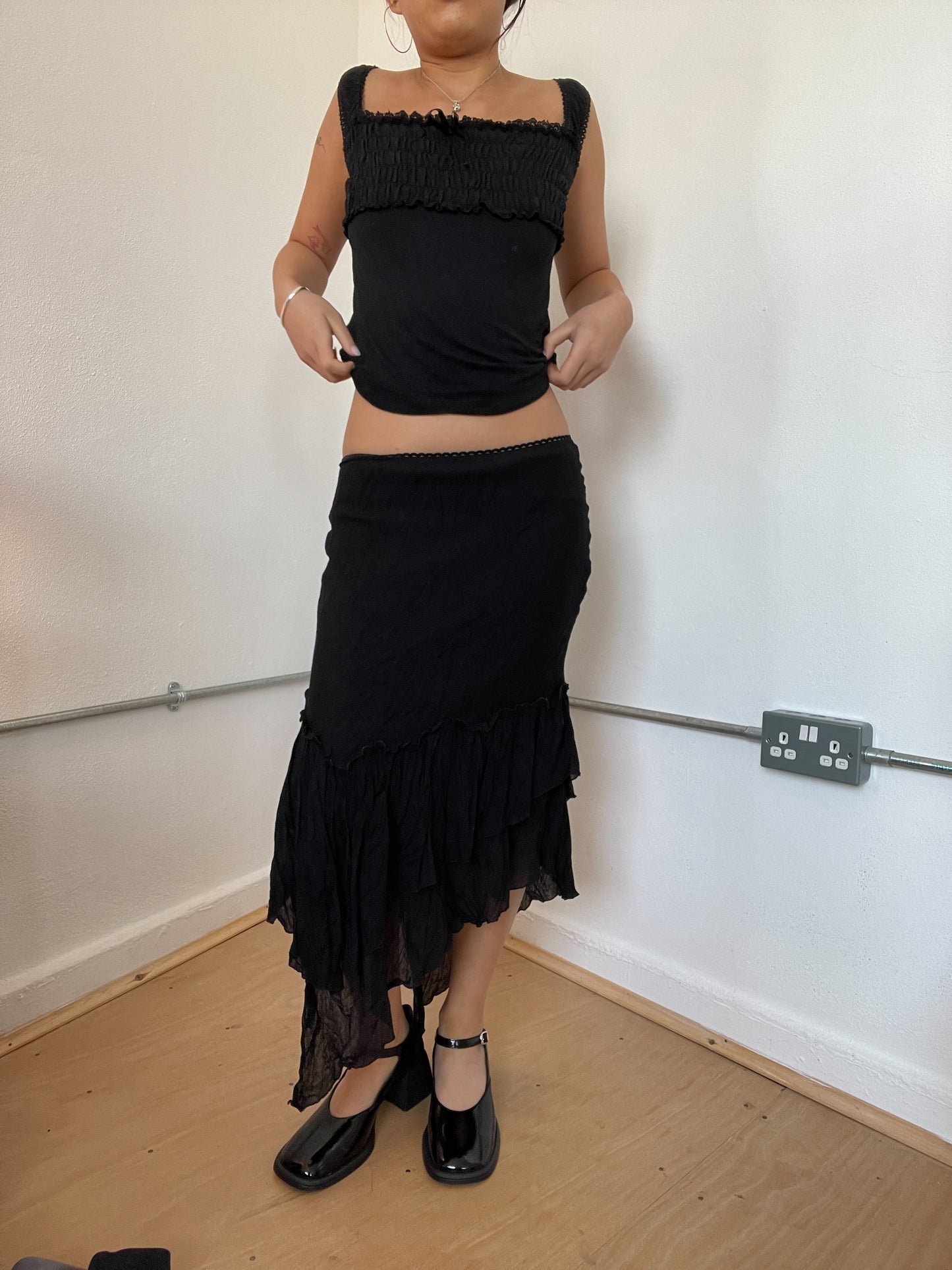 Black Asymmetric Layered Midi Skirt