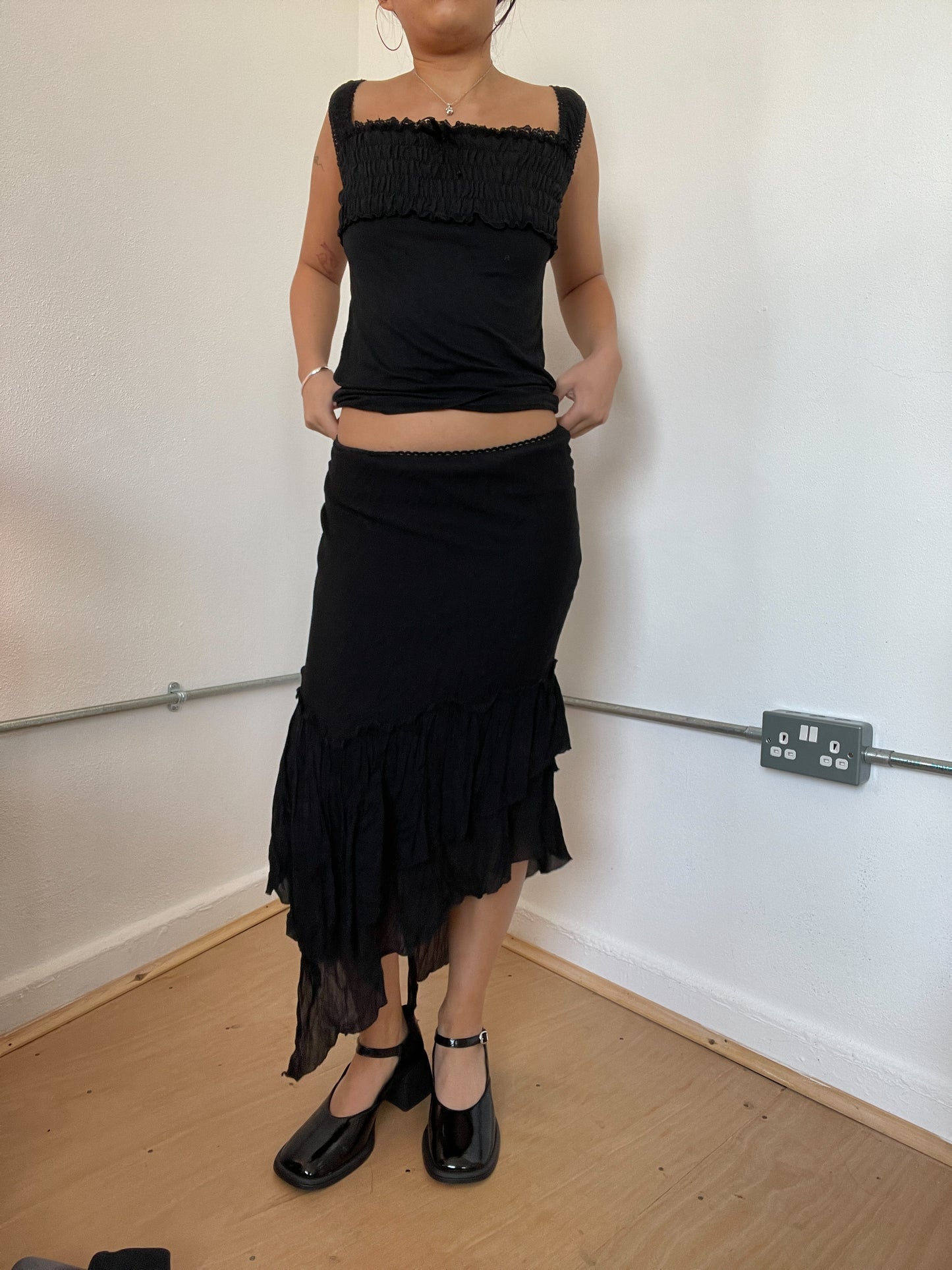Black Asymmetric Layered Midi Skirt
