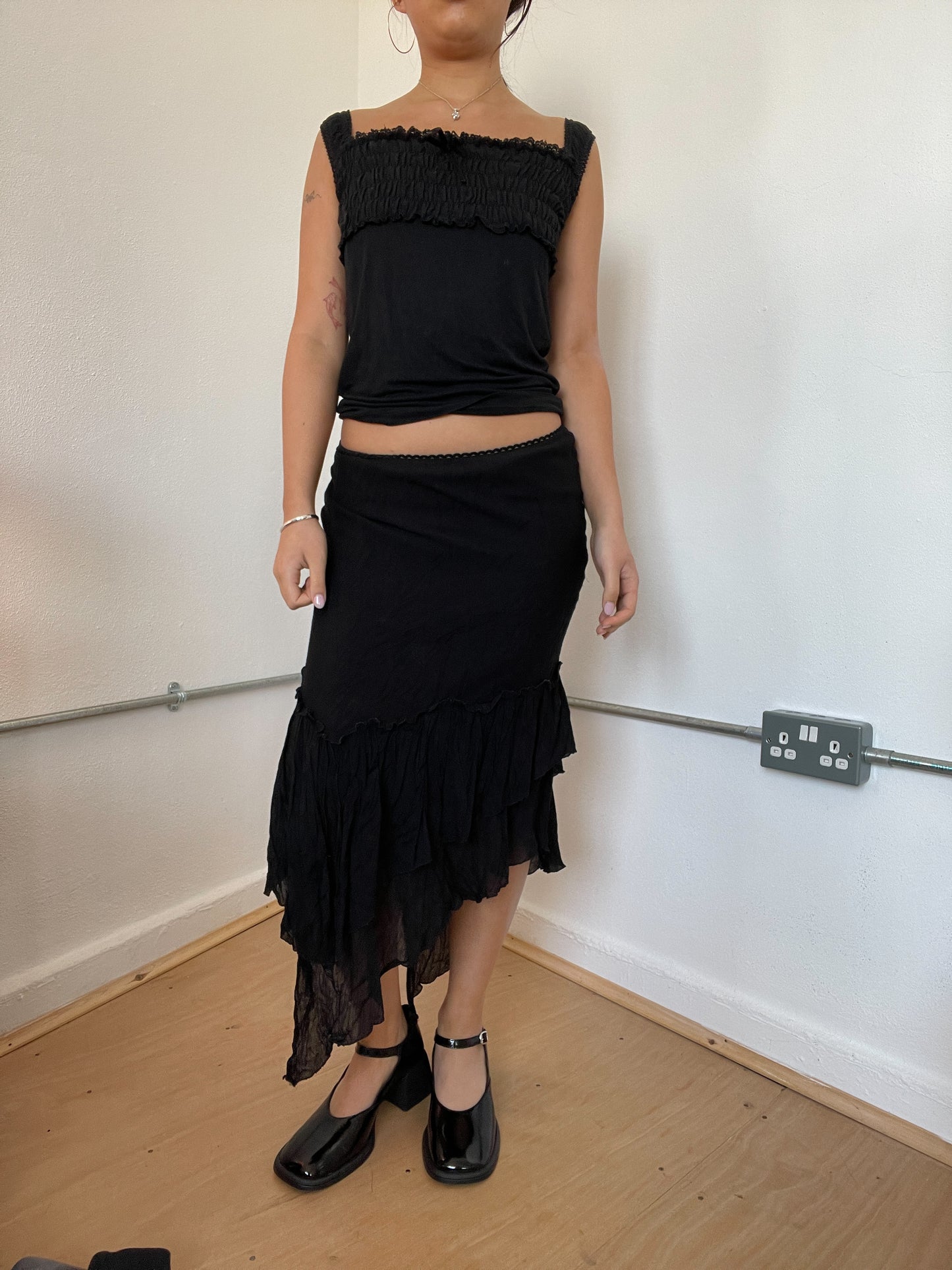 Black Asymmetric Layered Midi Skirt
