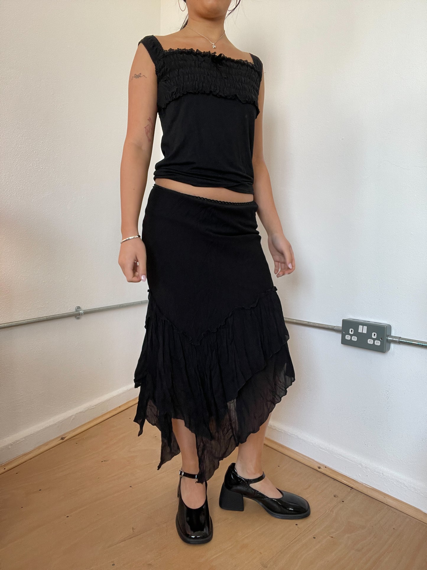 Black Asymmetric Layered Midi Skirt