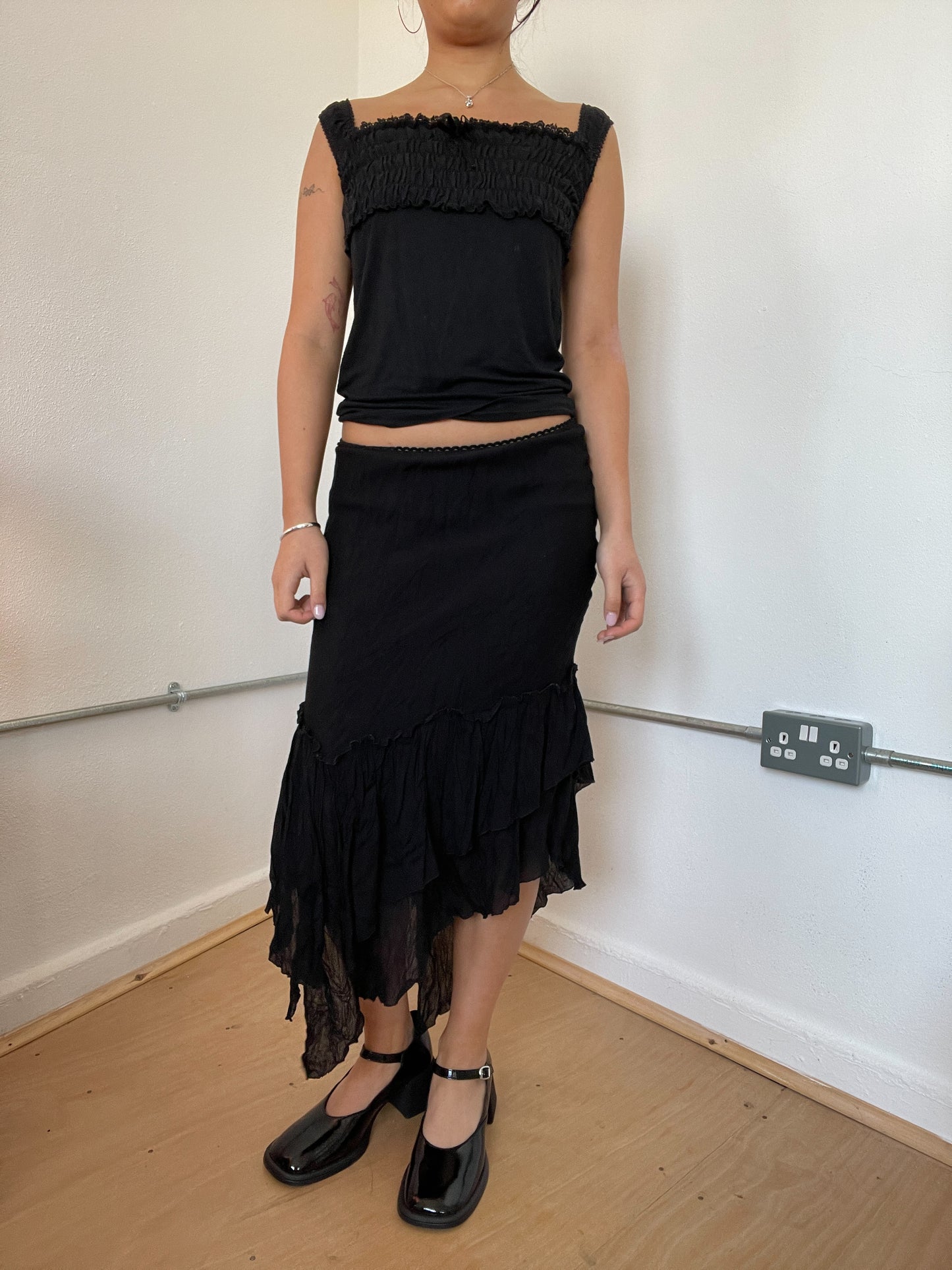 Black Asymmetric Layered Midi Skirt