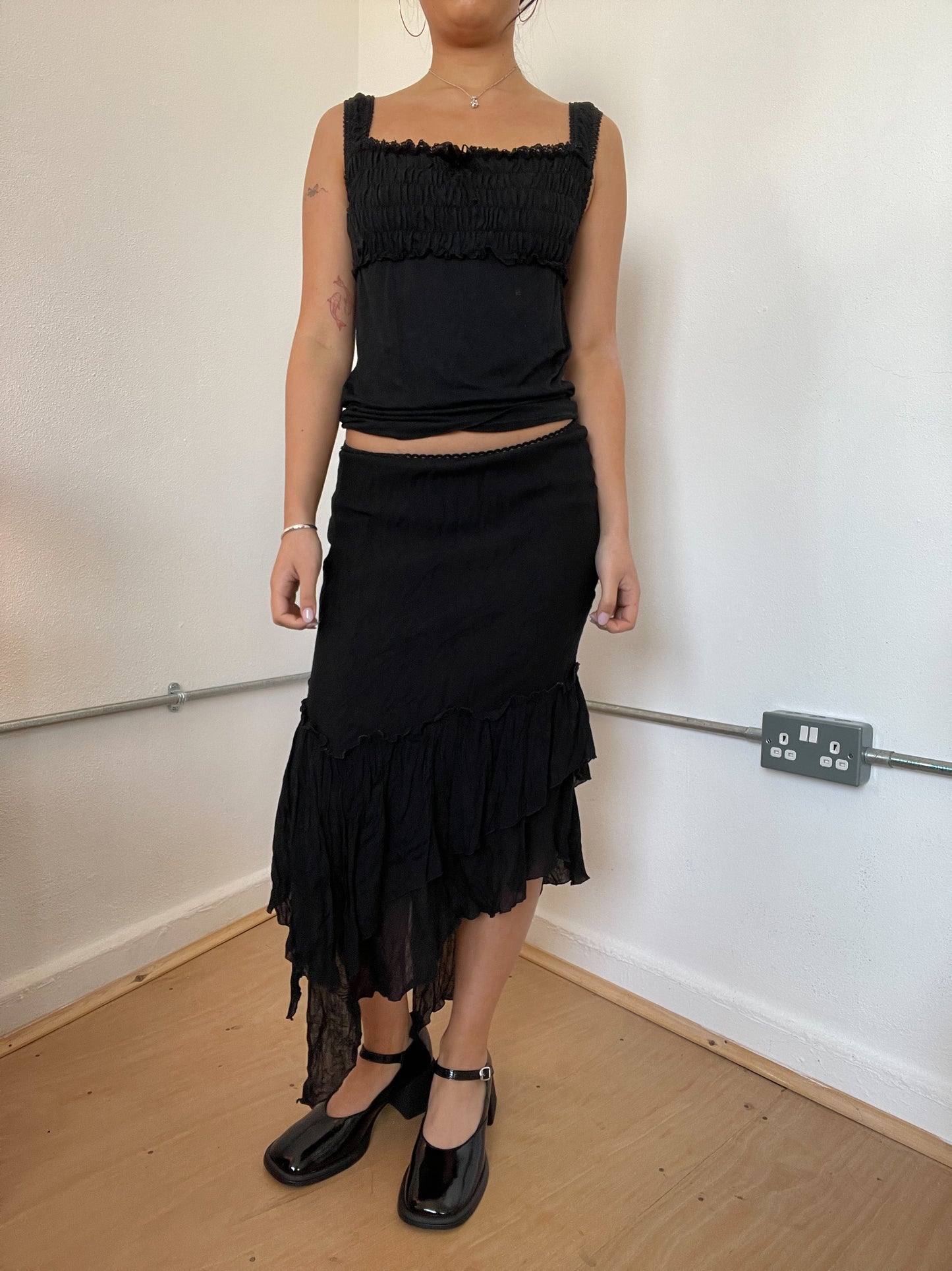 Black Asymmetric Layered Midi Skirt