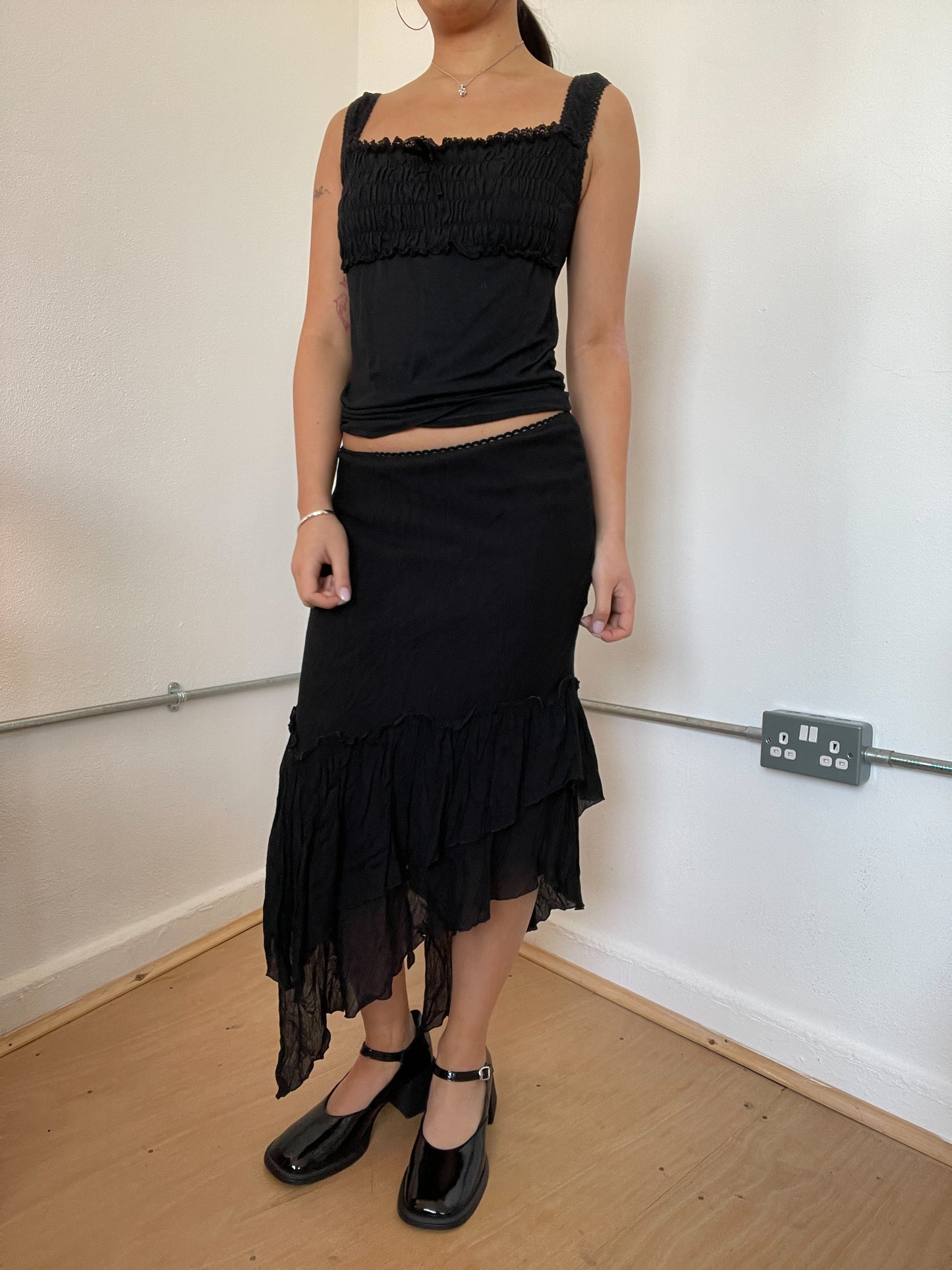 Black Asymmetric Layered Midi Skirt
