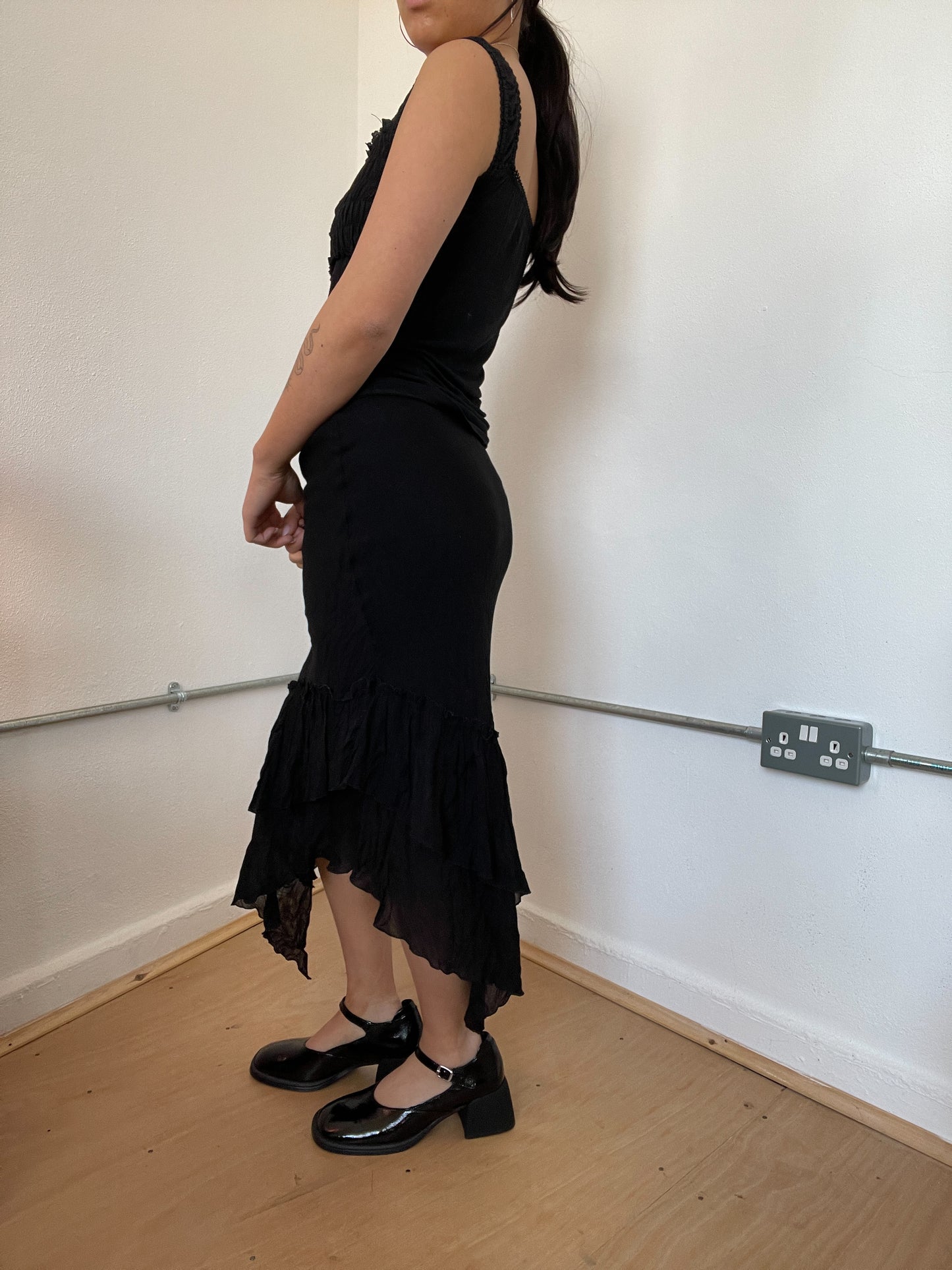 Black Asymmetric Layered Midi Skirt