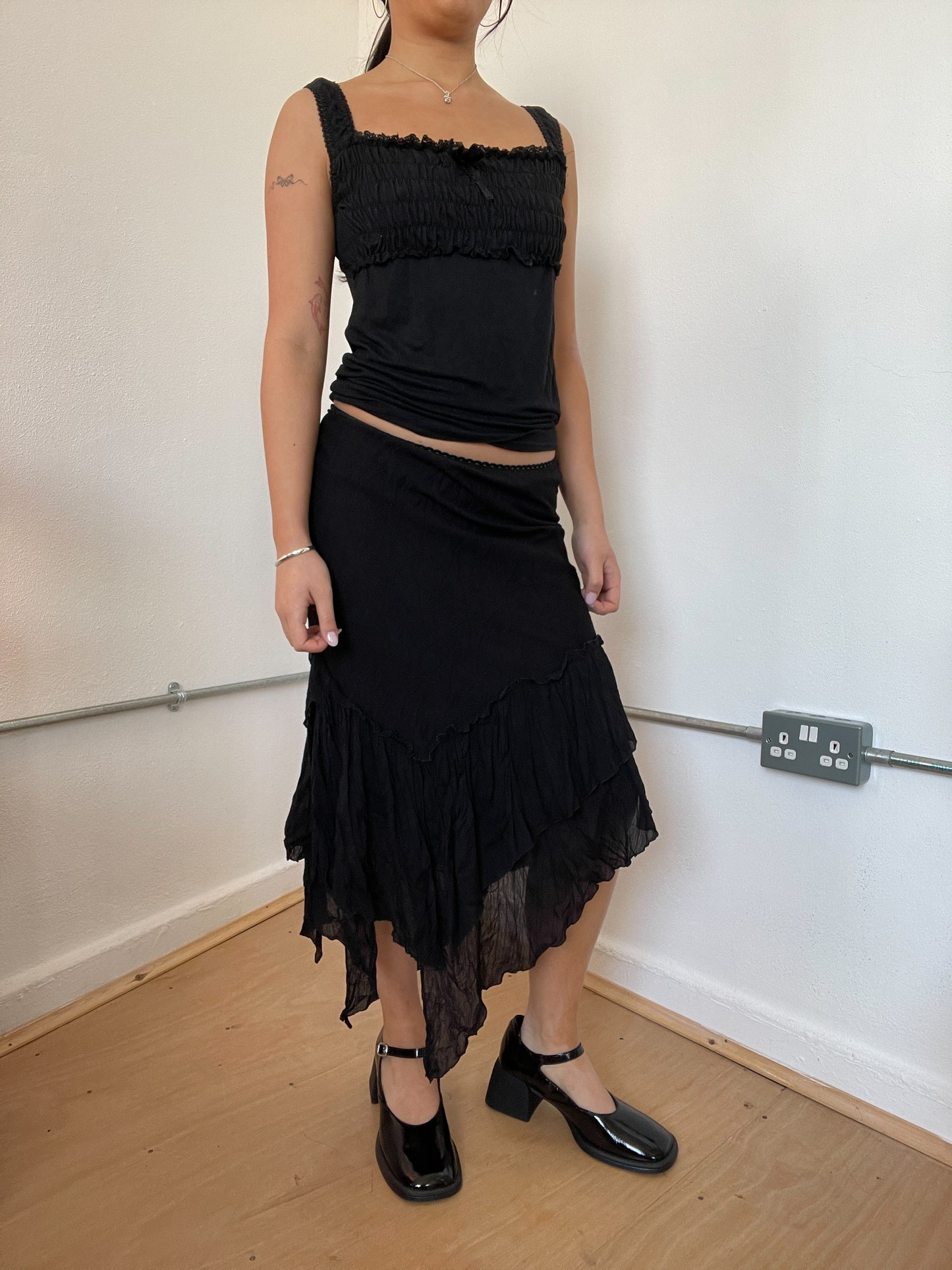 Black Asymmetric Layered Midi Skirt
