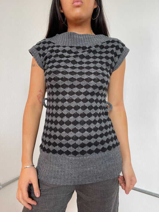 Grey And Black Patterned Knit Short Sleeve