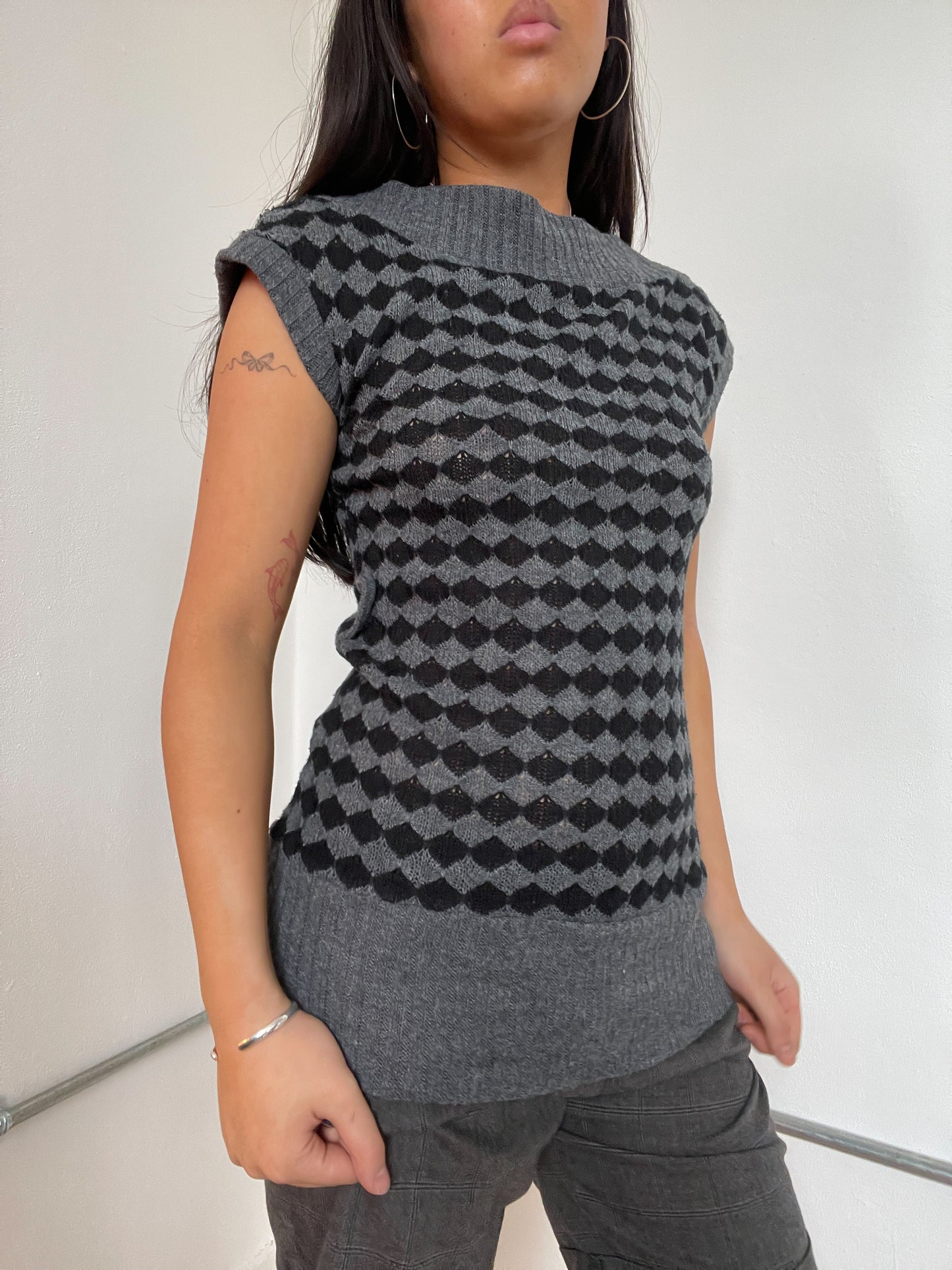 Grey And Black Patterned Knit Short Sleeve