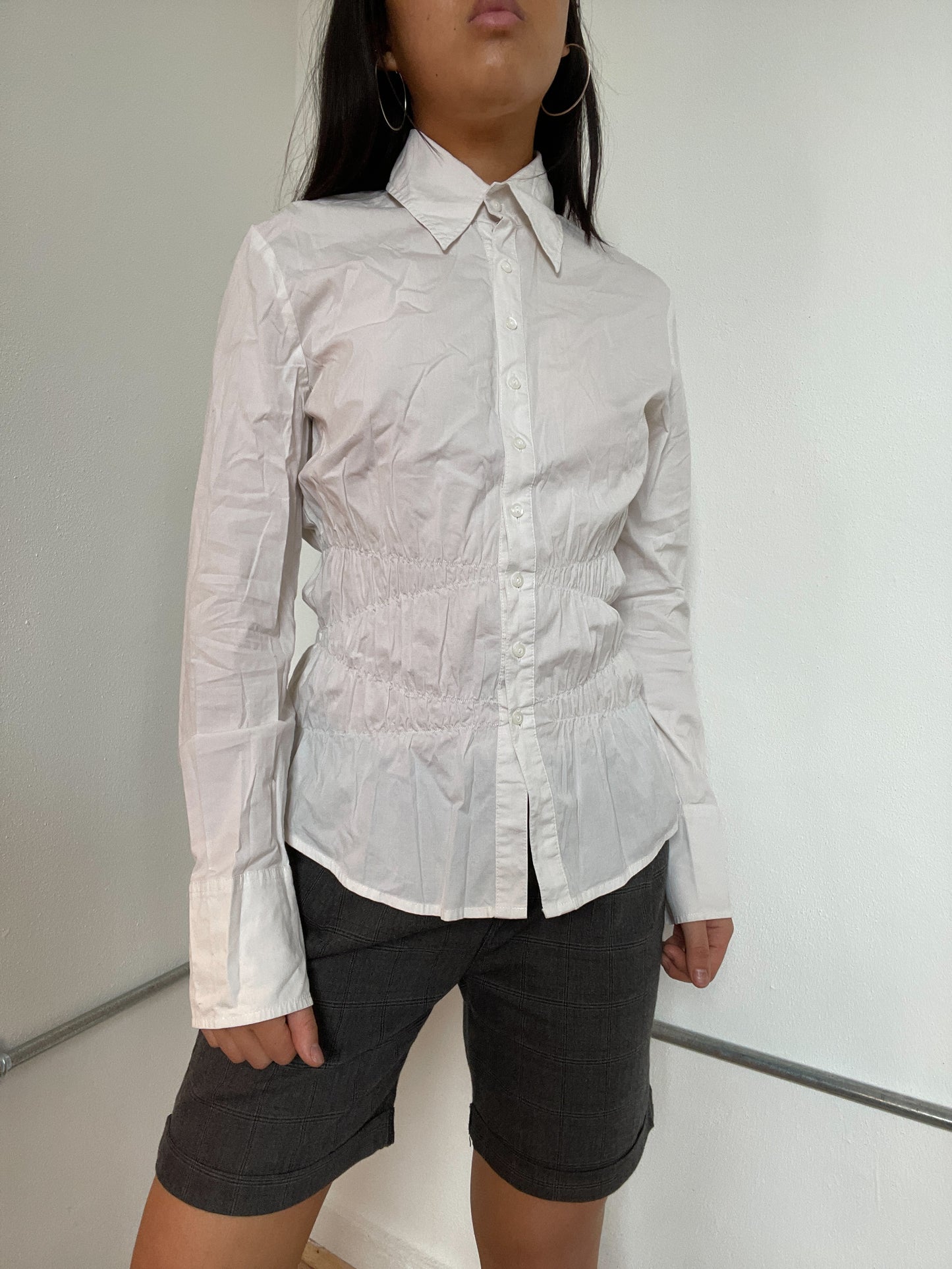 White Ruched Collared Shirt