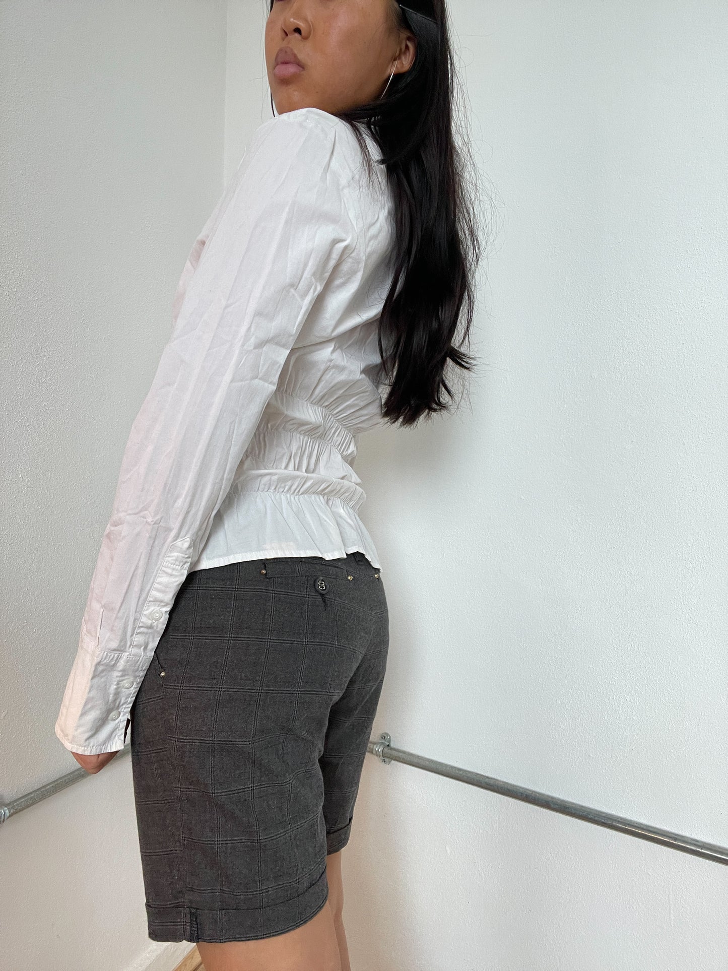 White Ruched Collared Shirt