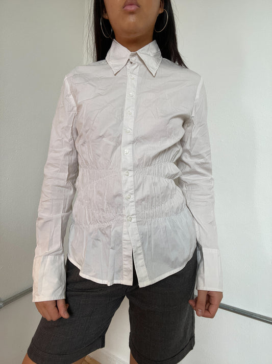 White Ruched Collared Shirt