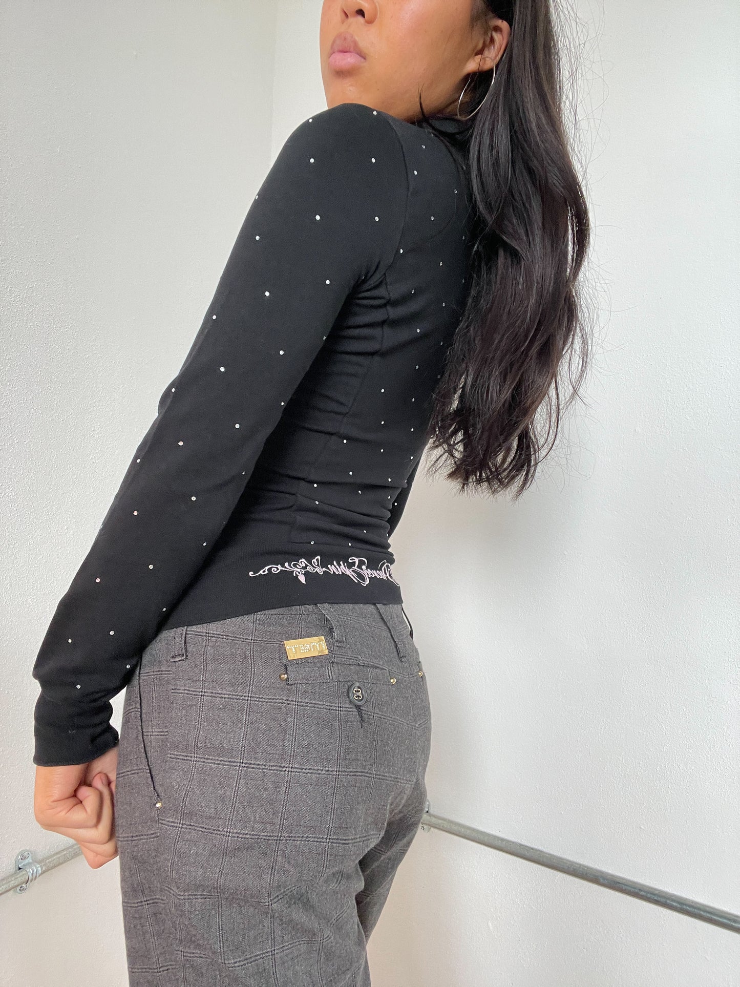 Black Collared Patterned Long Sleeve