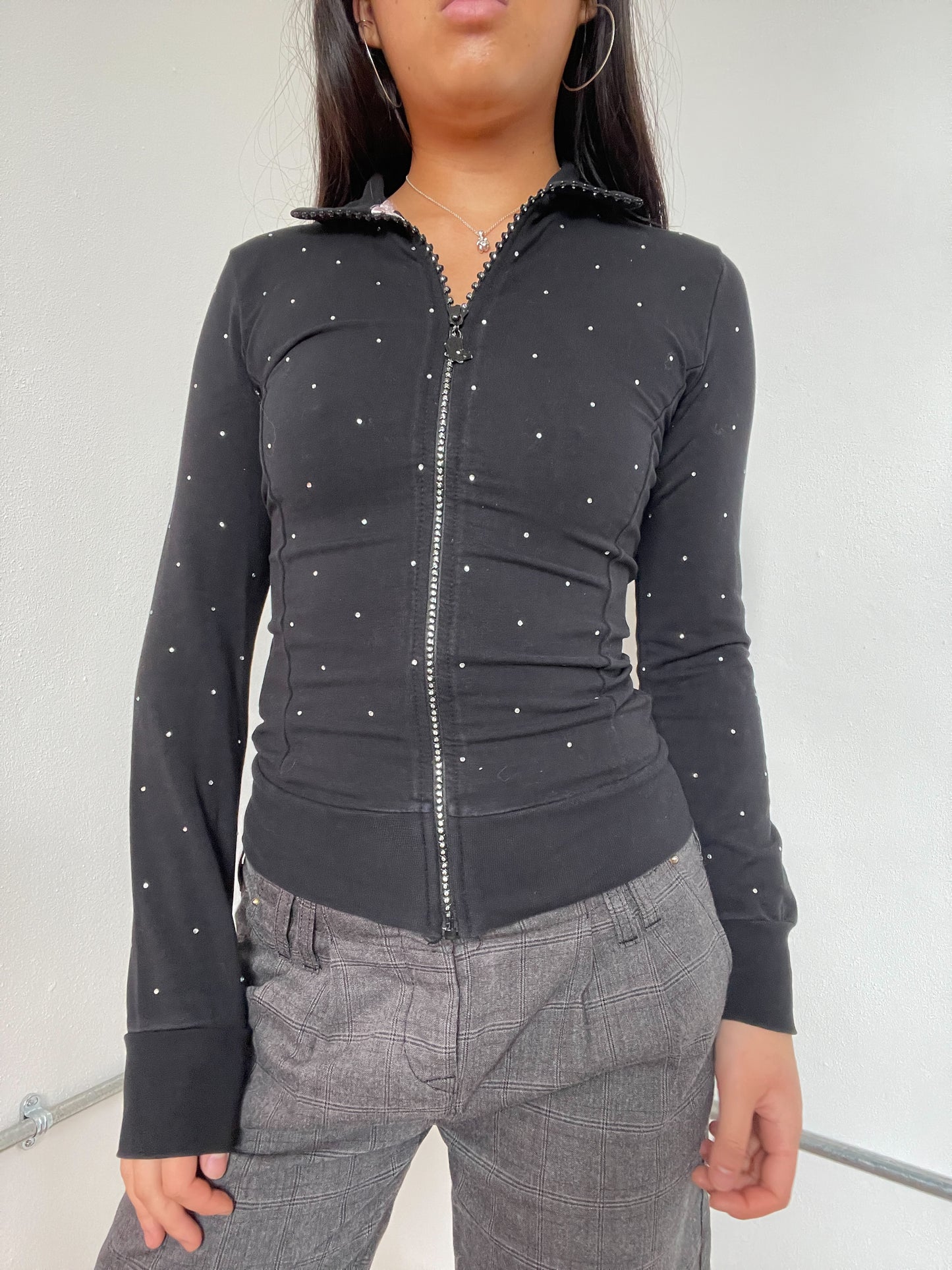 Black Collared Patterned Long Sleeve