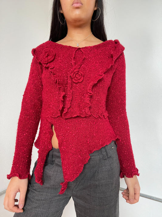 Red Floral Asymmetric Long Sleeve knit jumper