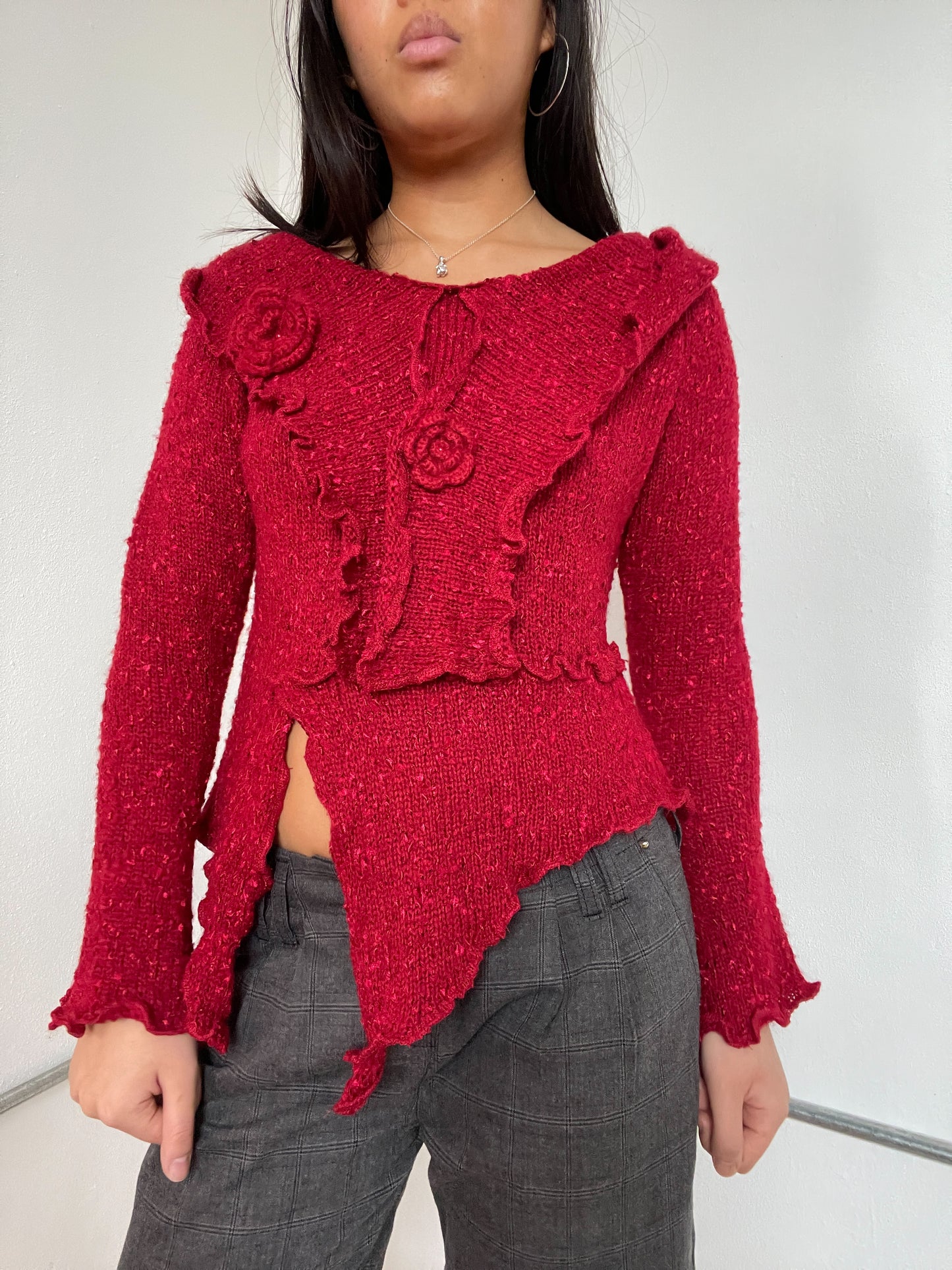 Red Floral Asymmetric Long Sleeve knit jumper
