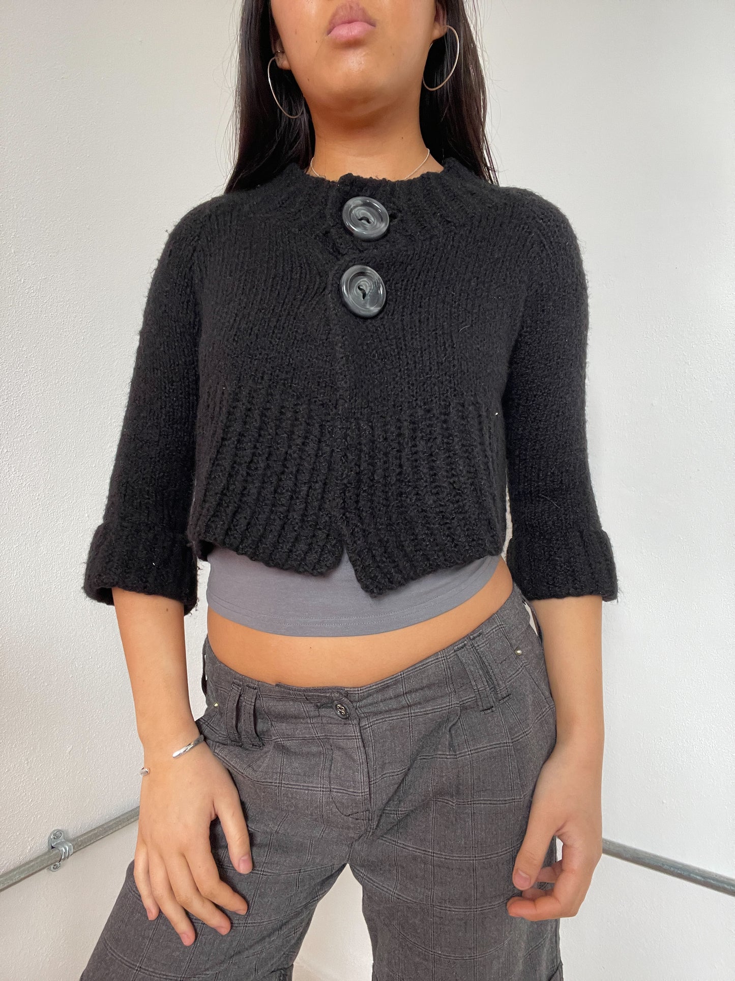 Black Cropped Knit Swing Cardigan