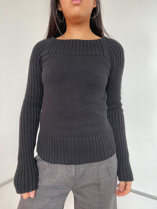 Black Ribbed Knit Long Sleeve Top