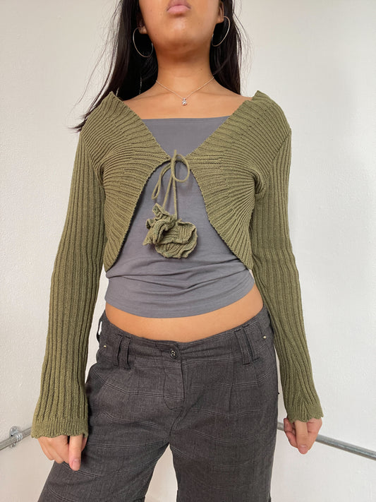 Khaki Ribbed knit Tie Up Cardigan