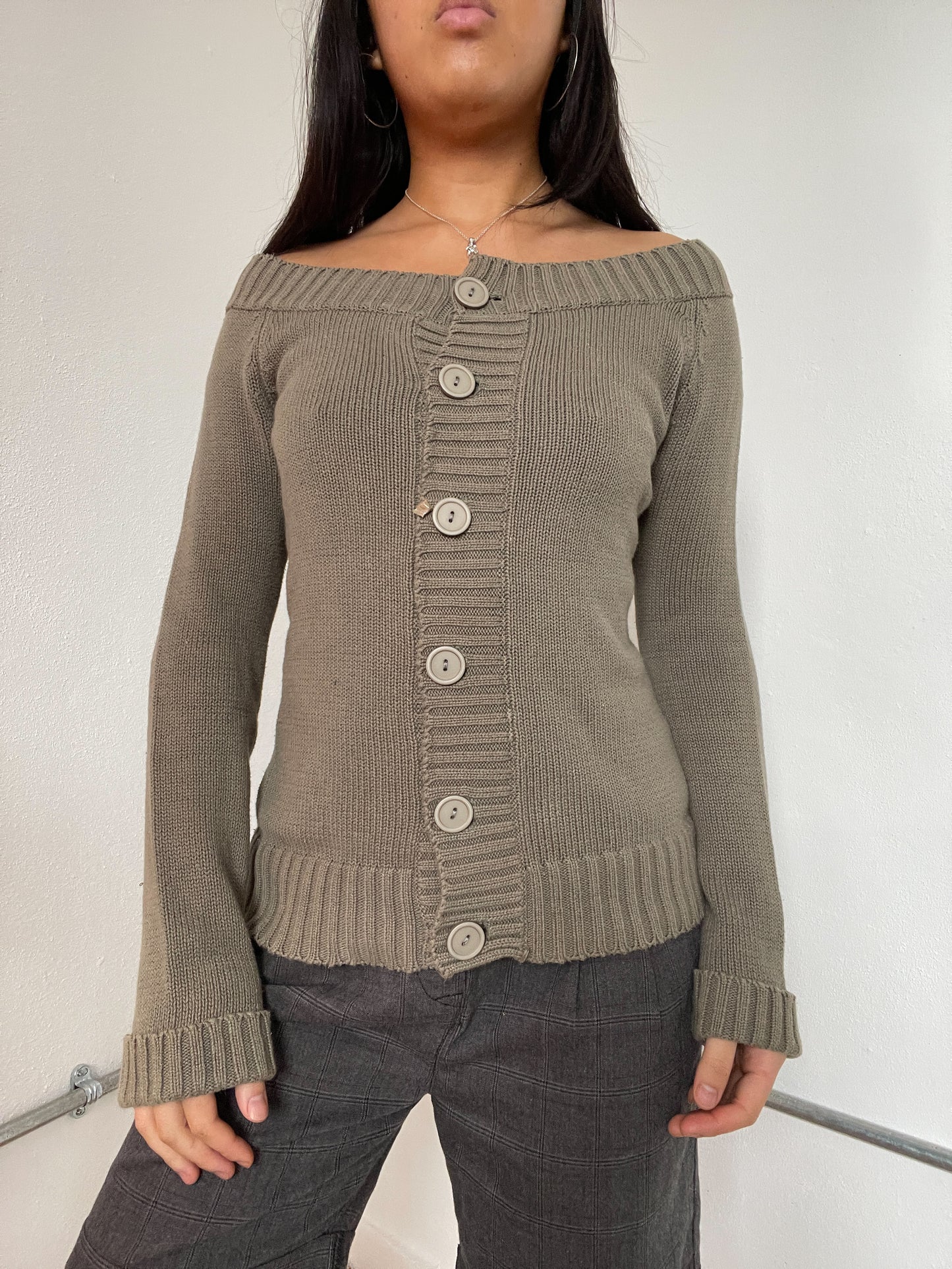 Khaki Long Sleeve Bardot Jumper