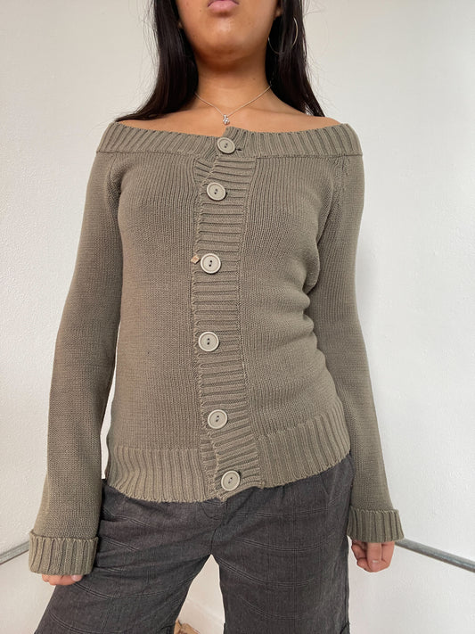 Khaki Long Sleeve Bardot Jumper