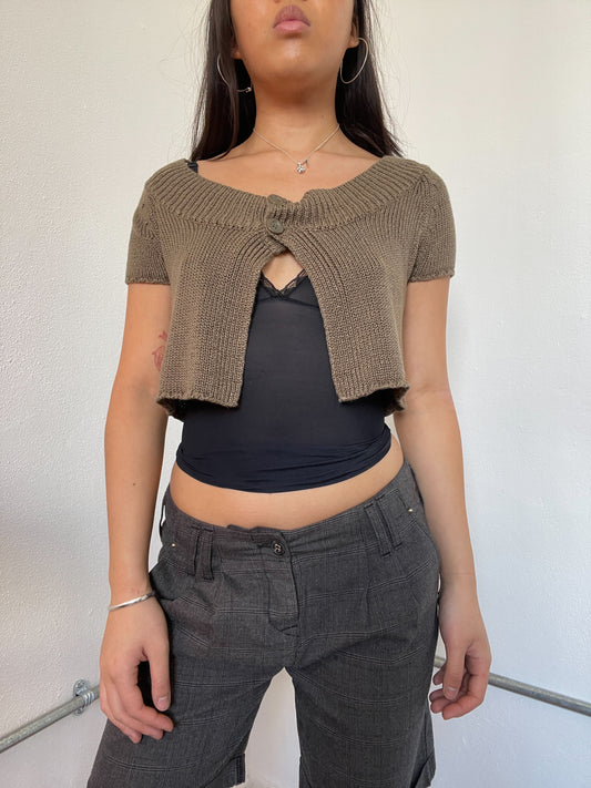 Brown Knitted Button Up Swing Top