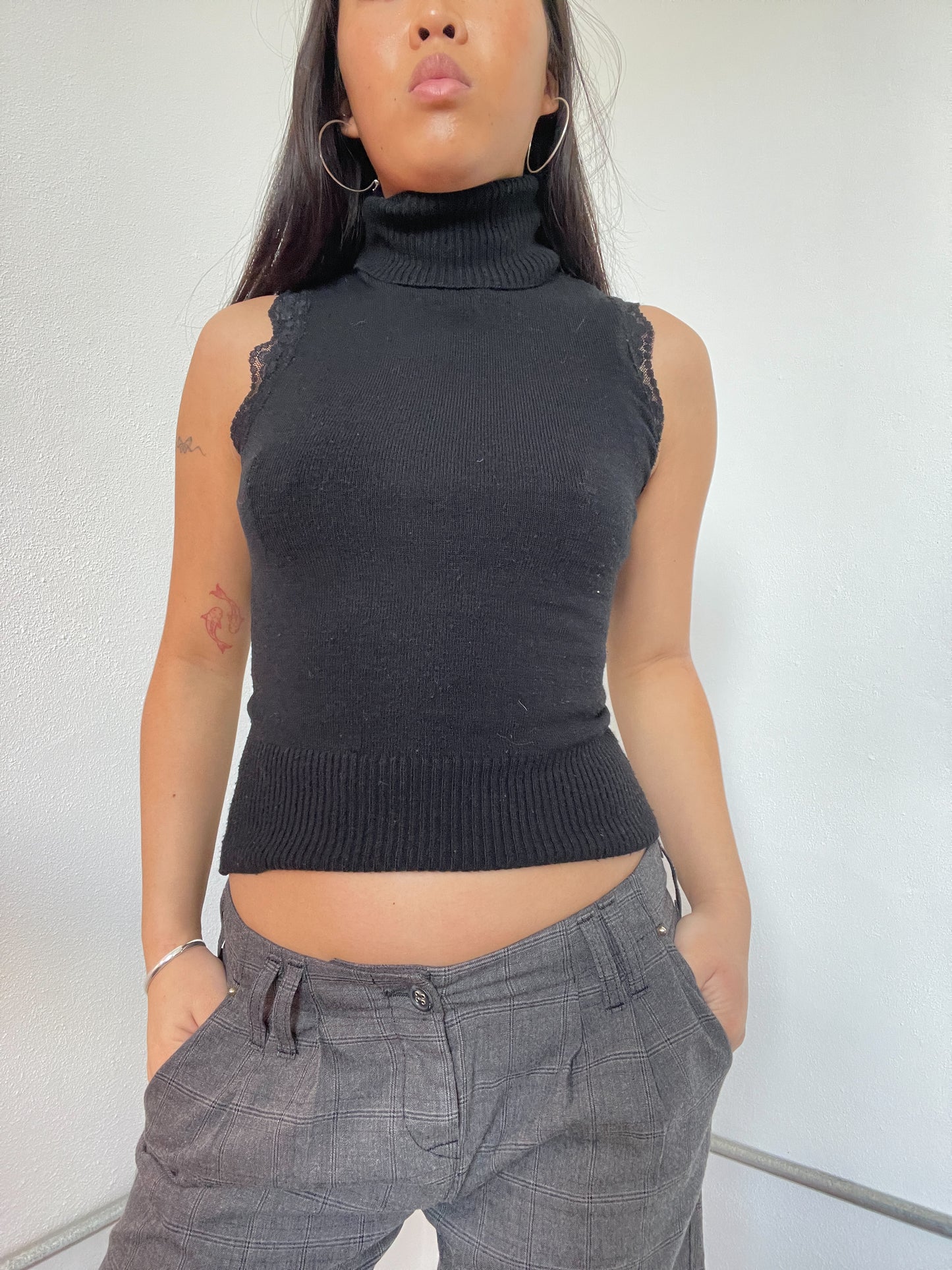 Black Knitted Turtleneck knit Vest Top