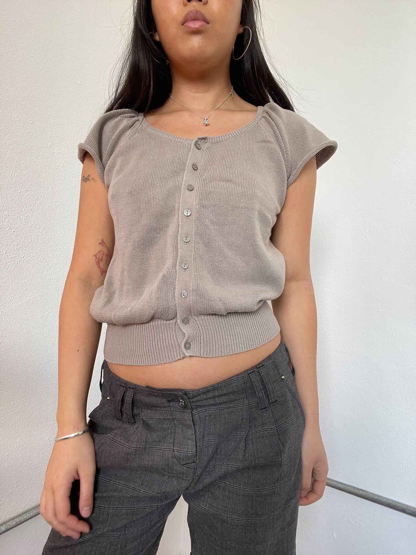 Light Beige Knitted Button Up Top