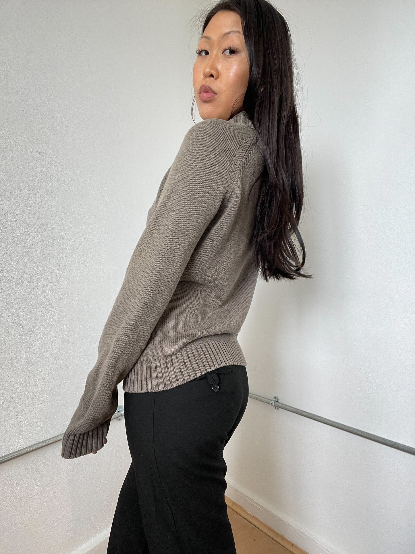 Khaki Green Zip Up Knitted Jumper