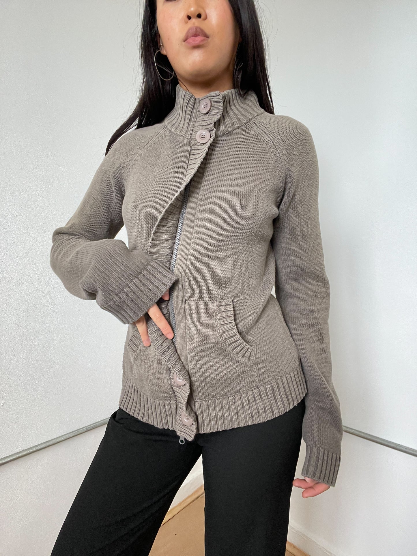 Khaki Green Zip Up Knitted Jumper