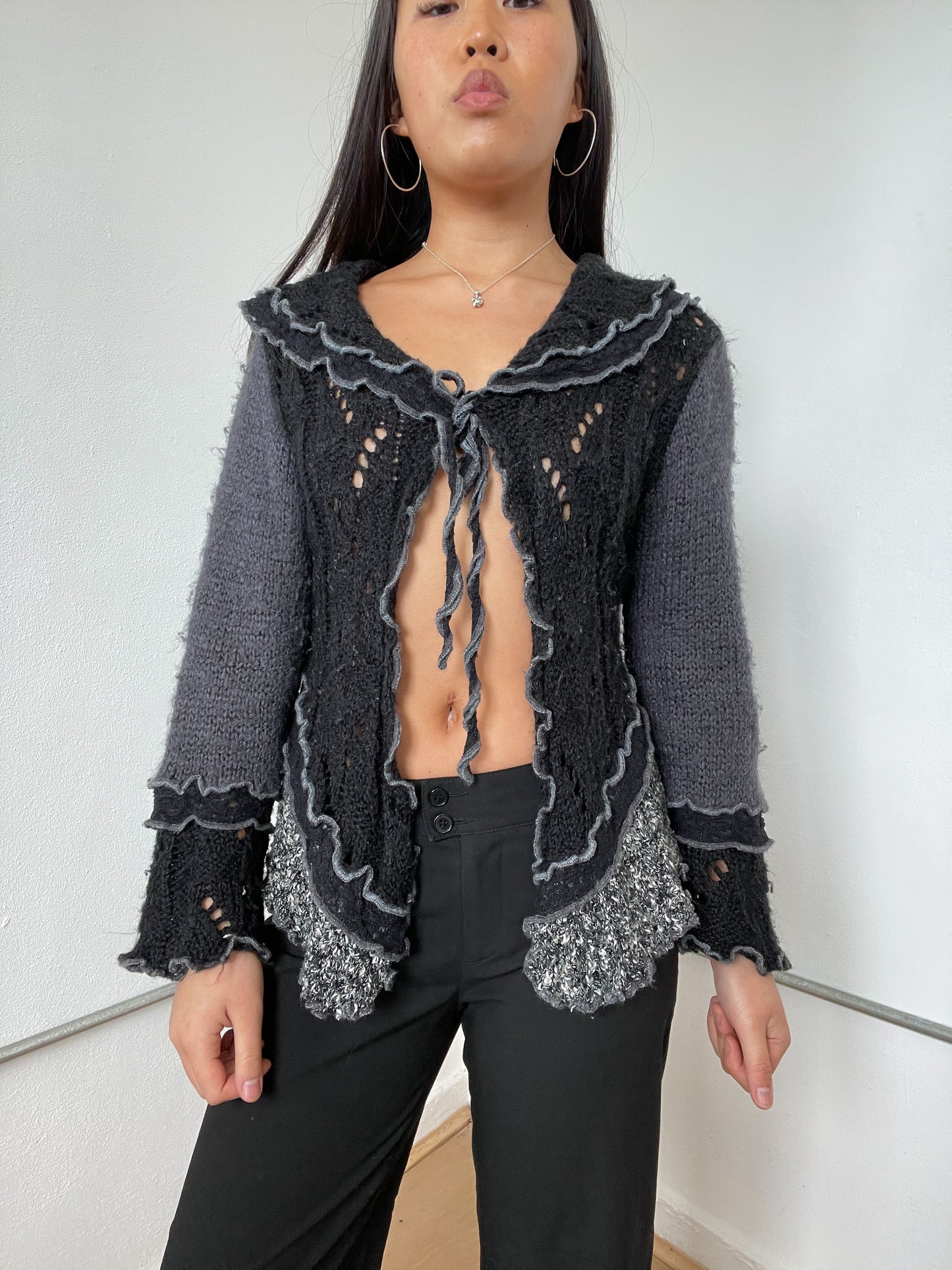 Black And Grey Contrast Knit Cardigan