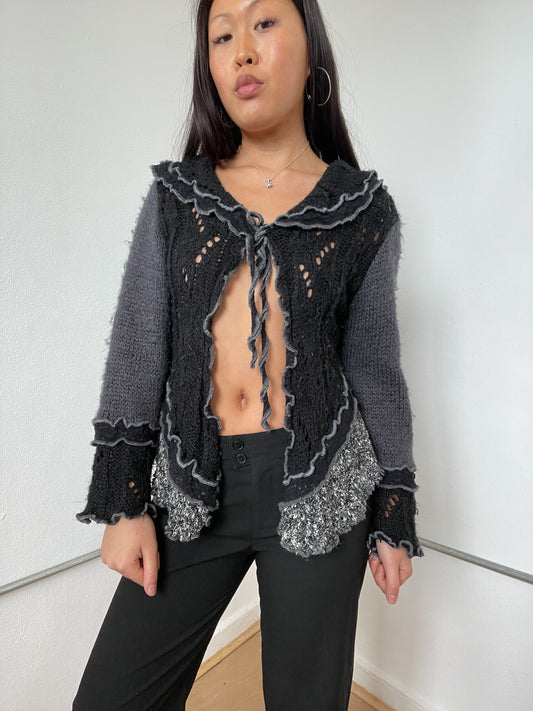 Black And Grey Contrast Knit Cardigan
