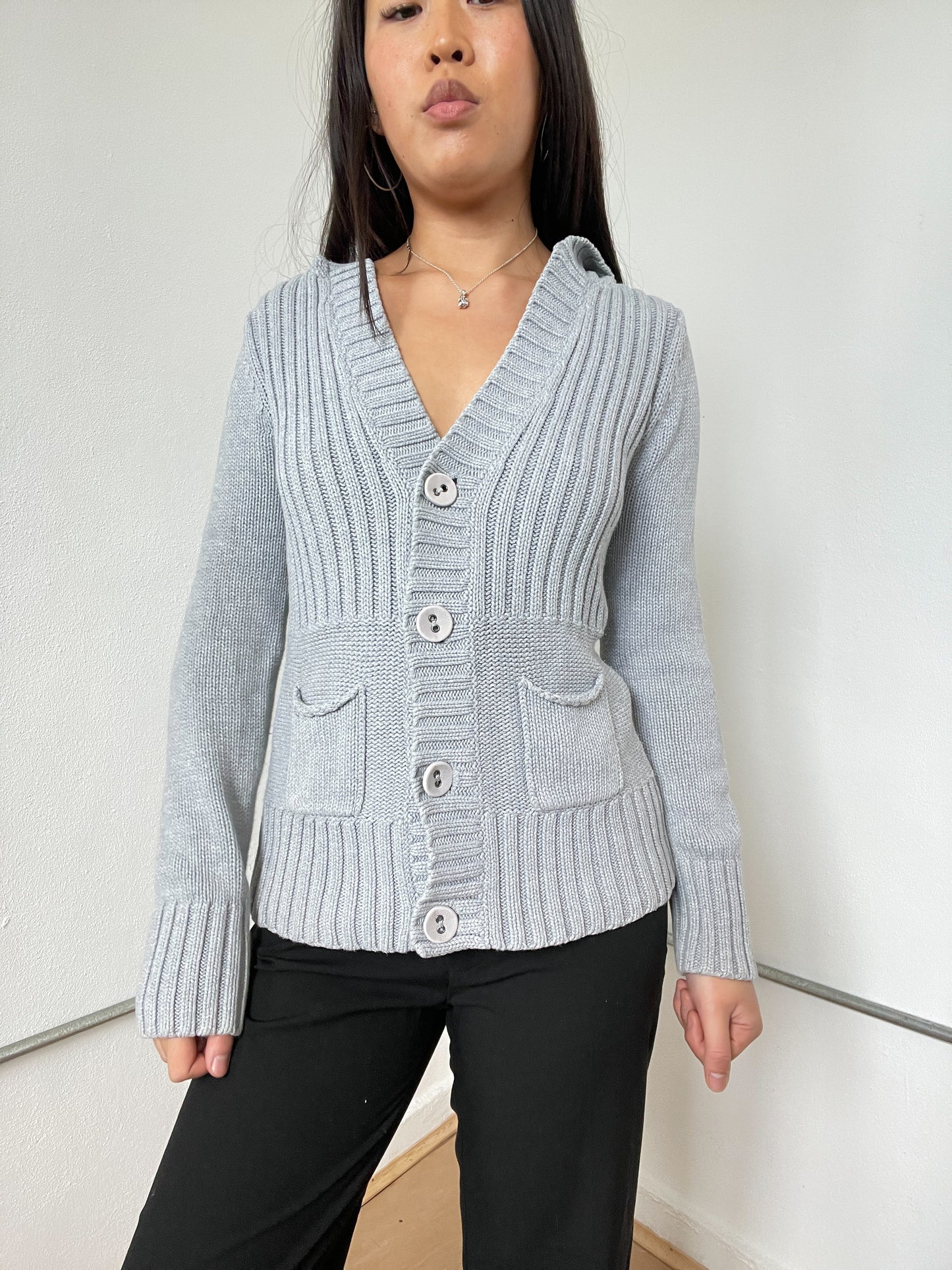 Grey Ribbed Button Up Cardigan
