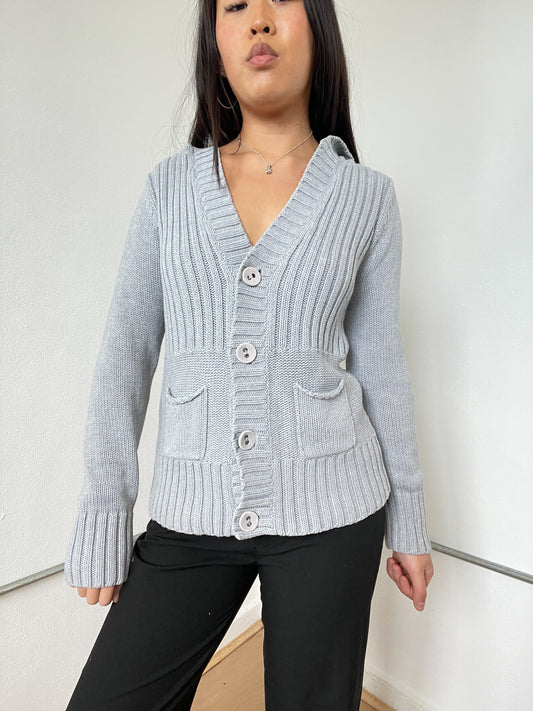 Grey Ribbed Button Up Cardigan