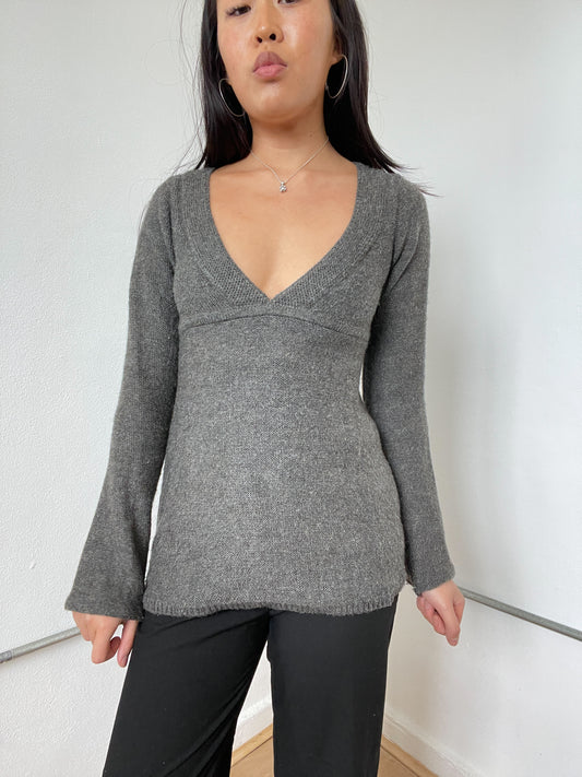 Dark Grey V-Neck Knitted Long Sleeve