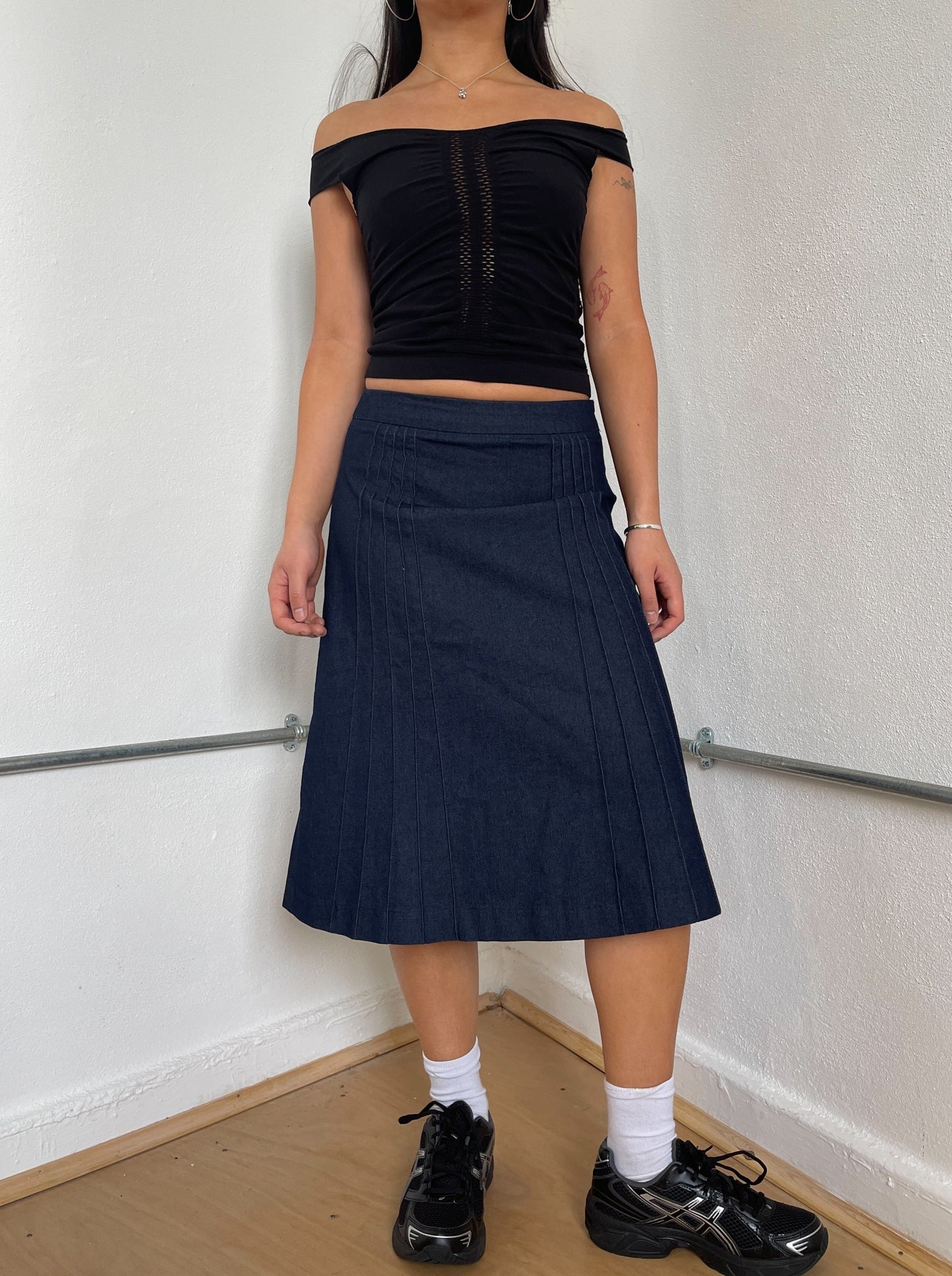 Navy Denim Structured Midi Skirt